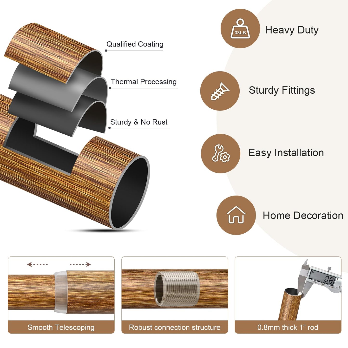 Lootkell Wood Curtain Rods for Windows 48 to 84 Inches 1" Diameter Boho Decorative Heavy Duty Long Window Curtain Rod Adjustable with Handmade Wood Grain Design for Living Room Bedroom Kitchen
