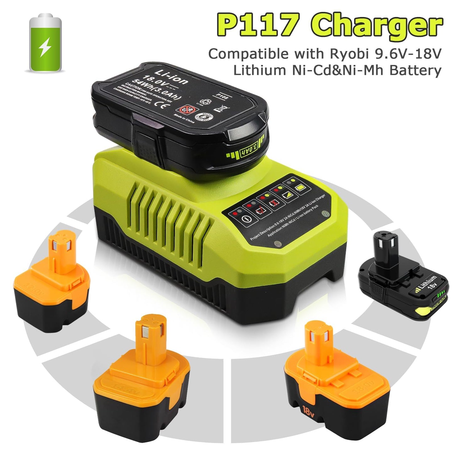 2Packs 18V 3000mAh Replacement Battery and Charger Compatible with Ryobi 18V Battery Lithium P102 P103 P104 P105 P107 P108 P109 P122 Battery Cordless Power Tools