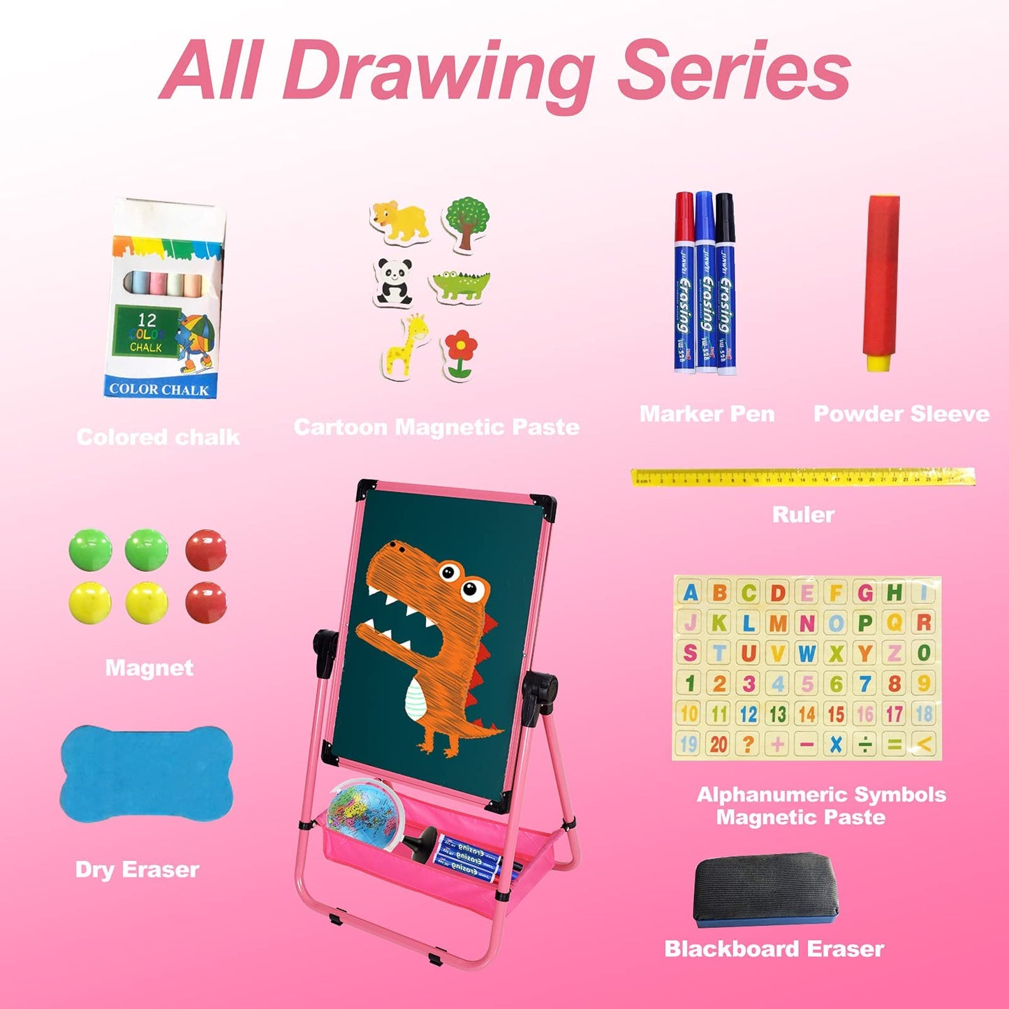 Kids Art Easel Double Sided Whiteboard &Chalkboard Height Adjustable U-Stand 360° Rotating Design (Pink)
