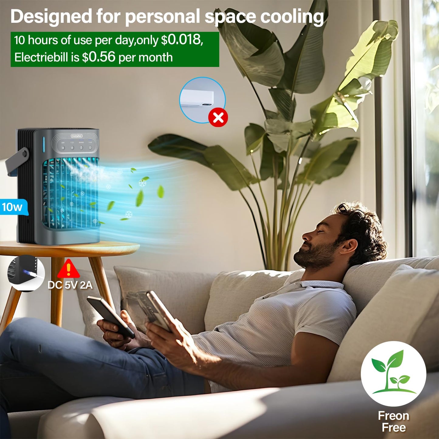Portable Air Conditioner Cooling Fan with Remote, Quiet with 3 Speeds, 1200ml Personal Air Cooler Fan with 3 Mist, 7 Night Light, 8H Timer, Small Air Conditioner for Bedroom Office