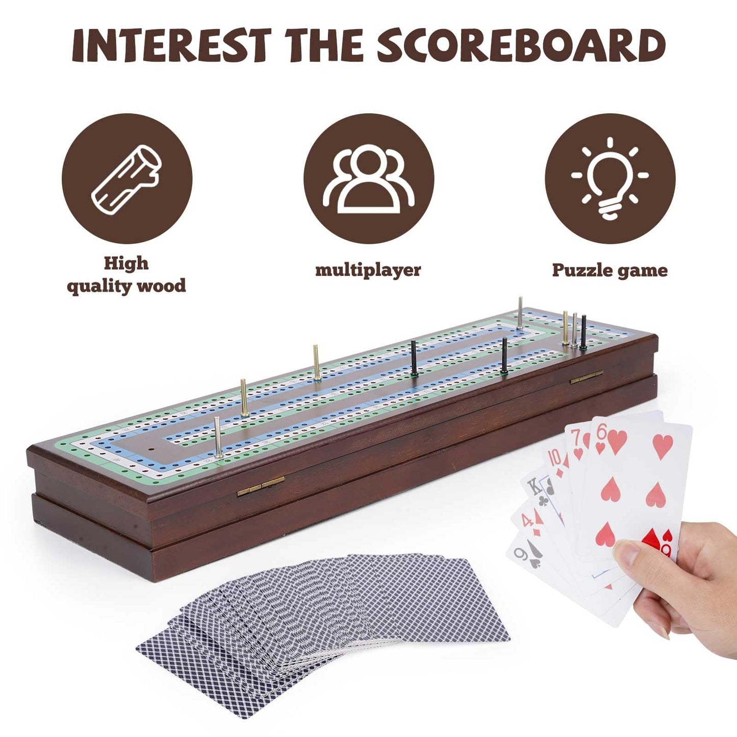 Wooden Cribbage Board Game Set, Premium Wooden Board with Magnetic Lock and Metal Pegs, Strategy Card Game Cribbage - Travel Portable Cribbage Game Sets for Family
