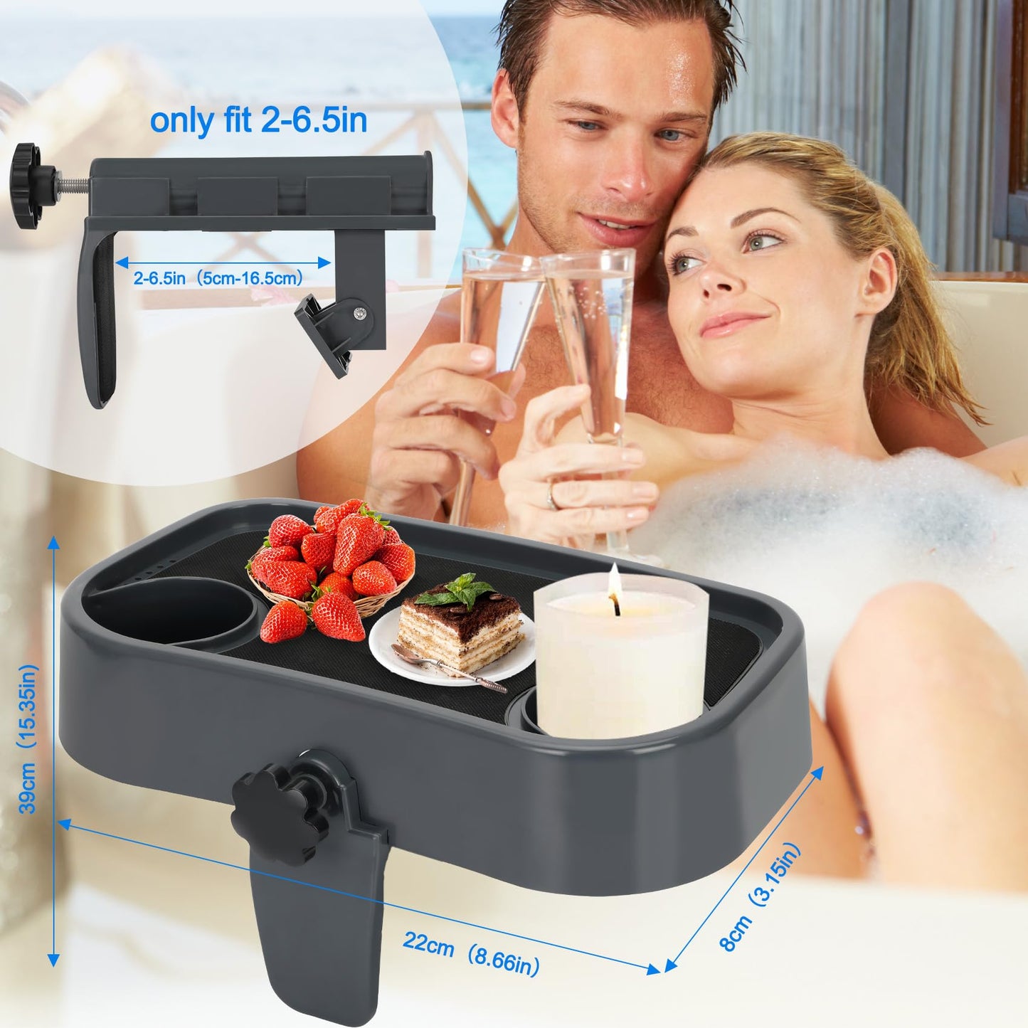 Hot Tub Tray, Adjustable Spa Table Tray with 2 Cup Holders, Spa with Wall Thickness of 2'' to 6.5'', Nonslip Heavy-Duty Shelf for Aboveground Bathtub, Spa Accessory