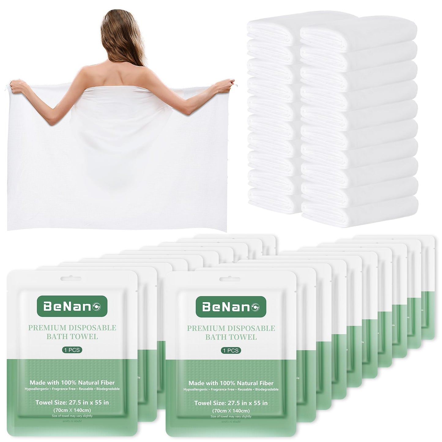 Benano Premium Disposable Towel, 100% USDA Biobased 55 in x 27.5 in Large Bath Towel Travel Towel Washcloth Reusable for Hotel Camping Sports Hiking Beach Massage Salon Gym Biodegradable (20 Pack)