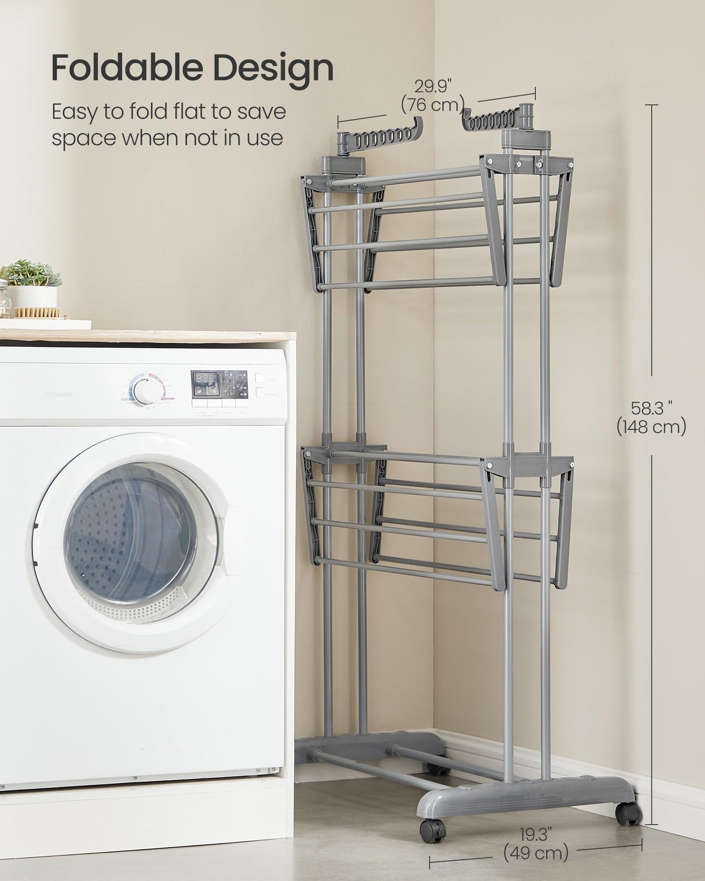 SONGMICS Clothes Drying Rack 3-Tier, Foldable Laundry Drying Rack 148 cm Tall, Steel, Rolling Clothes Horses, Laundry Hanger Dryer Airer, Indoor Outdoor Use, Dove Gray ULLR702G01