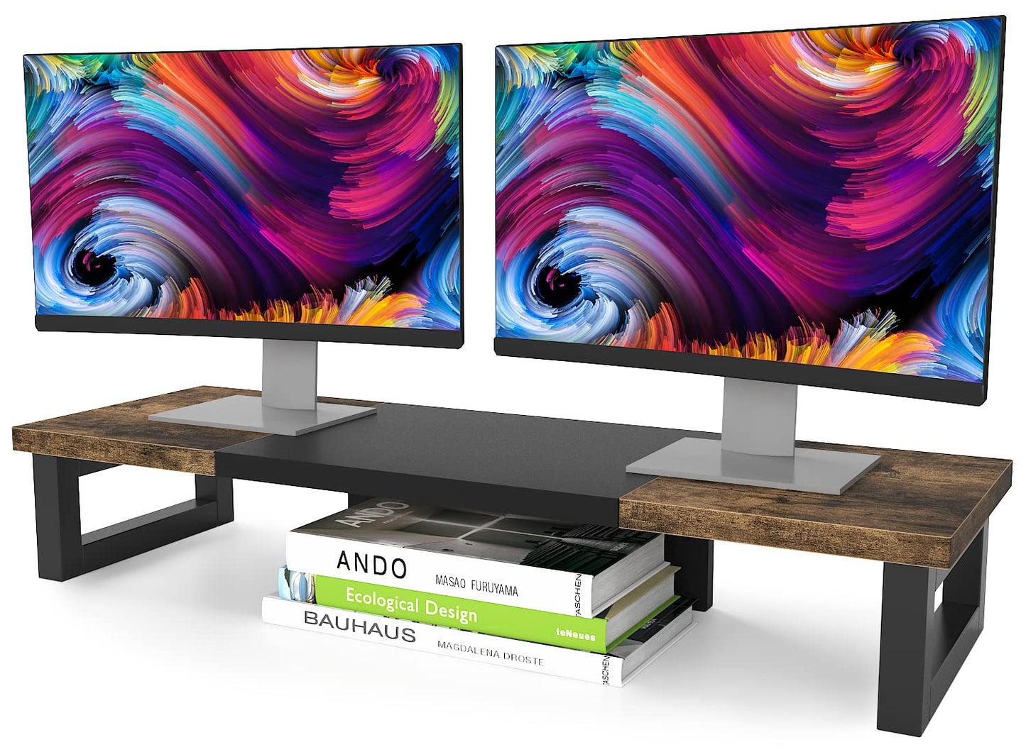 WESTREE Dual Monitor Riser Stand, Sturdy Computer Monitor Riser, Multi-Purpose Desktop Storage Organizer Shelf for Laptop Computer (Rustic Brown-Large)