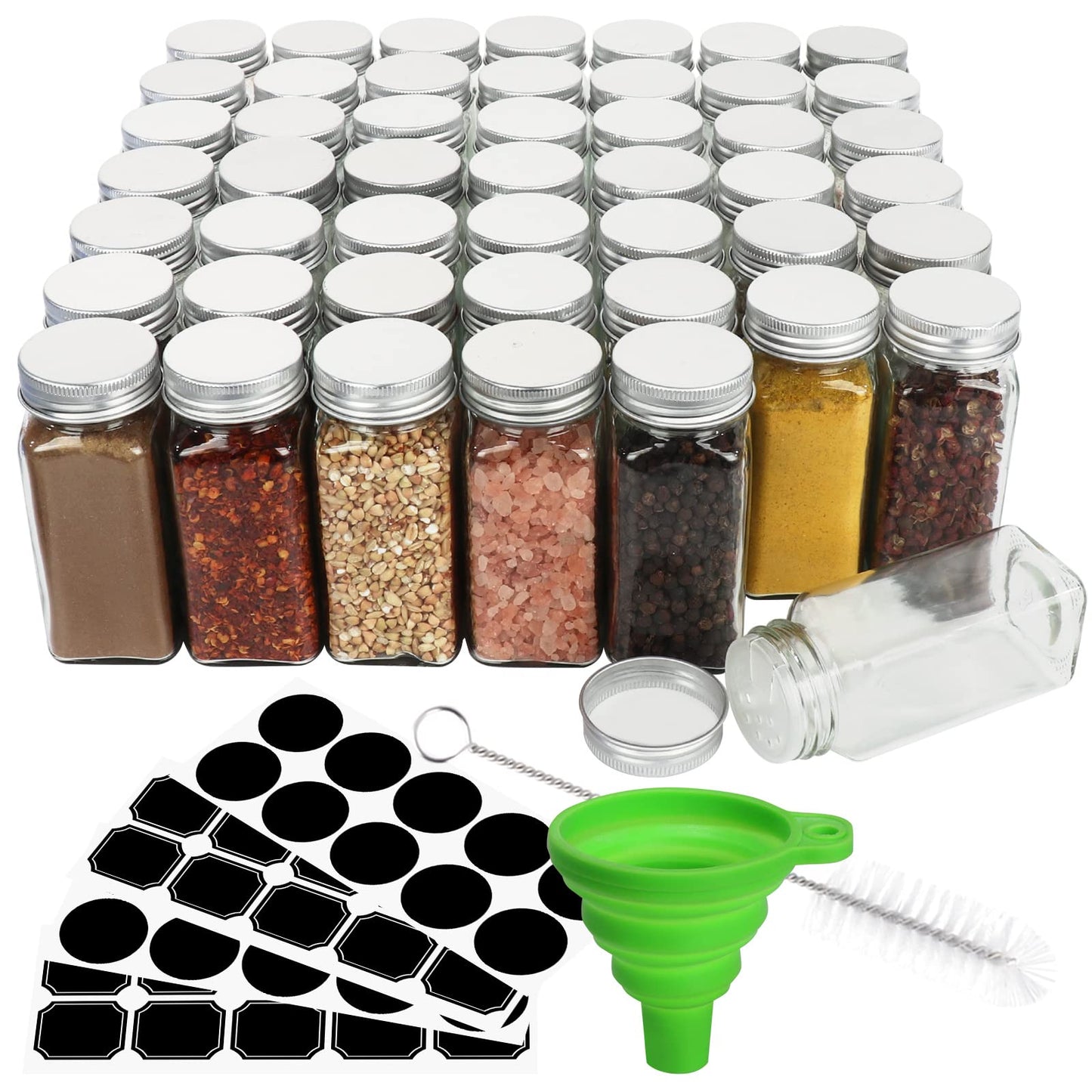 48 Pack 4oz Glass Spice Jars,Clear Square Spice Containers Bottles with Silver Caps and Shaker Lids,80pcs Black Labels,1 Funnel and 2 Brush for Kitchen Storage