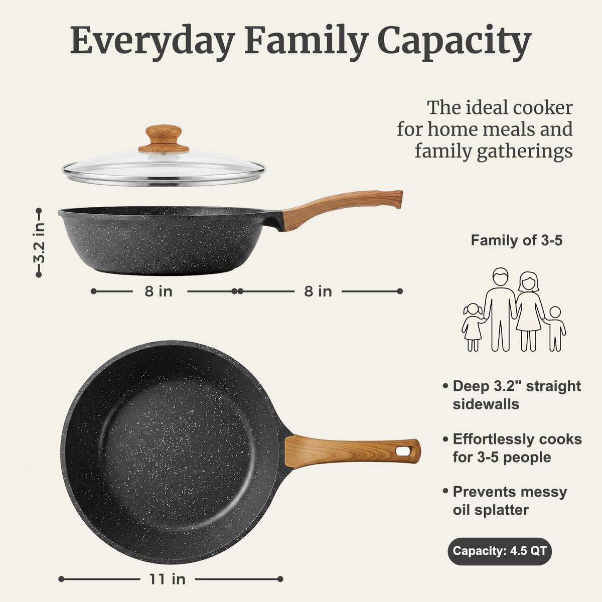 YASHE 11in / 4.5QT Nonstick Deep Frying Pan with Glass Lid, Dishwasher Safe