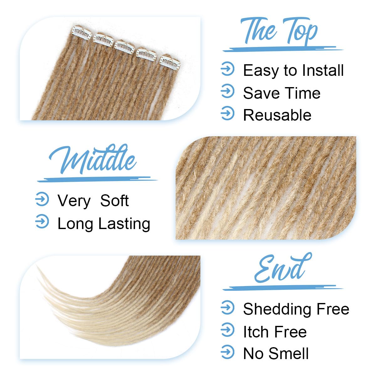 Sangtok 10 PCS Clip in Dreadlocks Hair Extensions, 24 inch Synthetic Dreads Extensions, Thin Straight Dreadlock for White Women(brown/blonde)
