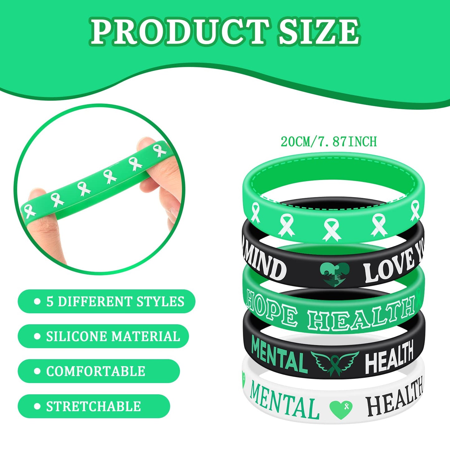 Wettarn 150 Pcs Mental Health Awareness Bracelet Bulk Green Awareness Ribbon Silicone Bracelets Rubber Motivational Wristbands Mental Health Gifts with Inspirational Saying for Women Men, 5 Styles