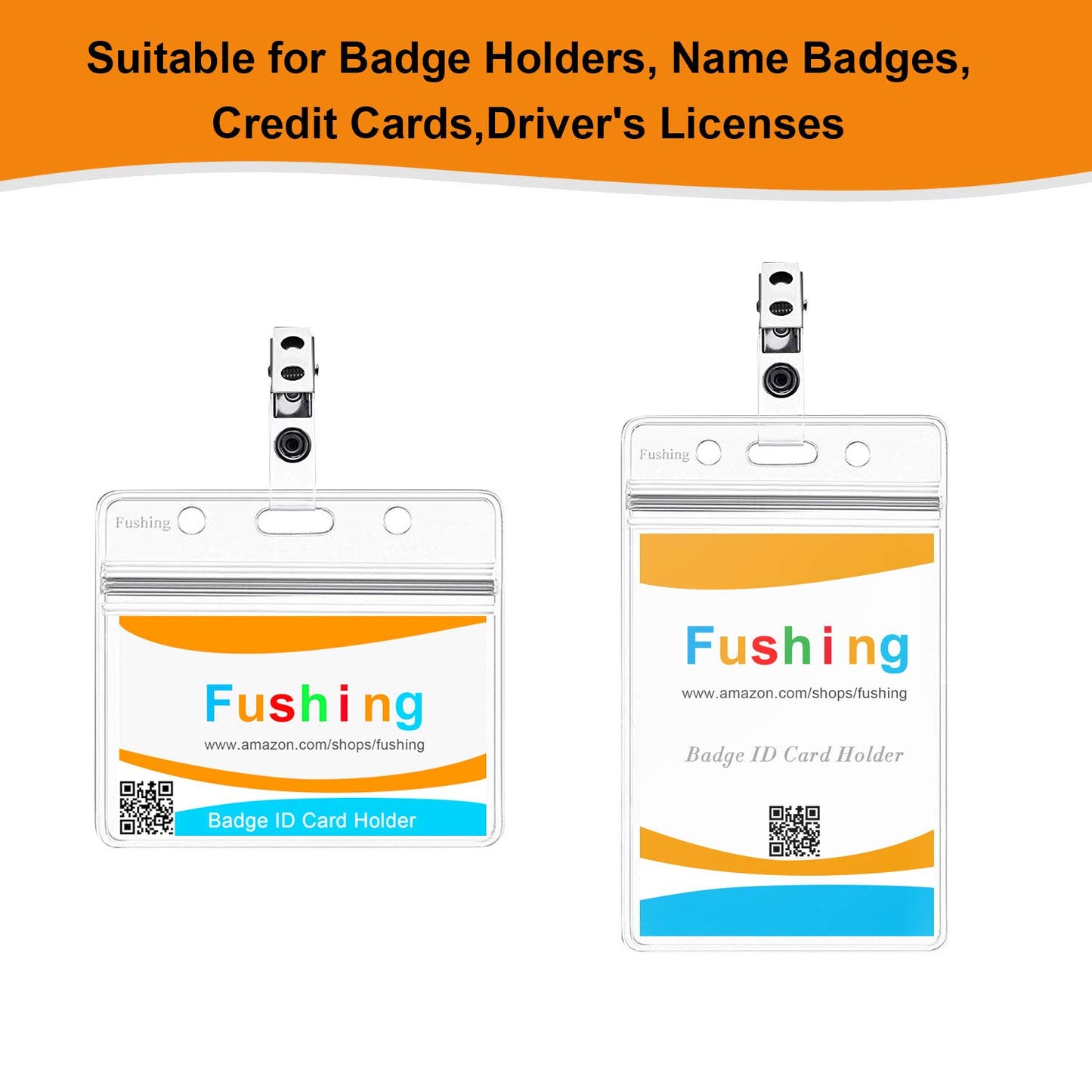 Fushing 150Pcs Metal Badge Clips with Clear PVC Straps for ID Cards and Badge Holders