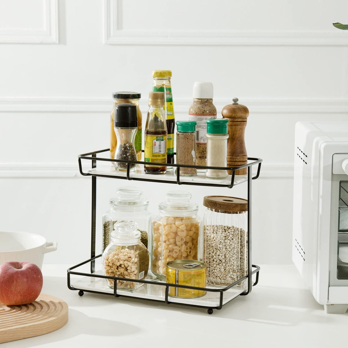 Dobbyby Bathroom Organizer Countertop Perfume Organizer Makeup Organizer Cosmetics Storage Display Rack 2 Tier Vanity Tray Dresser Stainless Steel Shelf Marble Print Ceramic Tray (2 Tier L-Black)