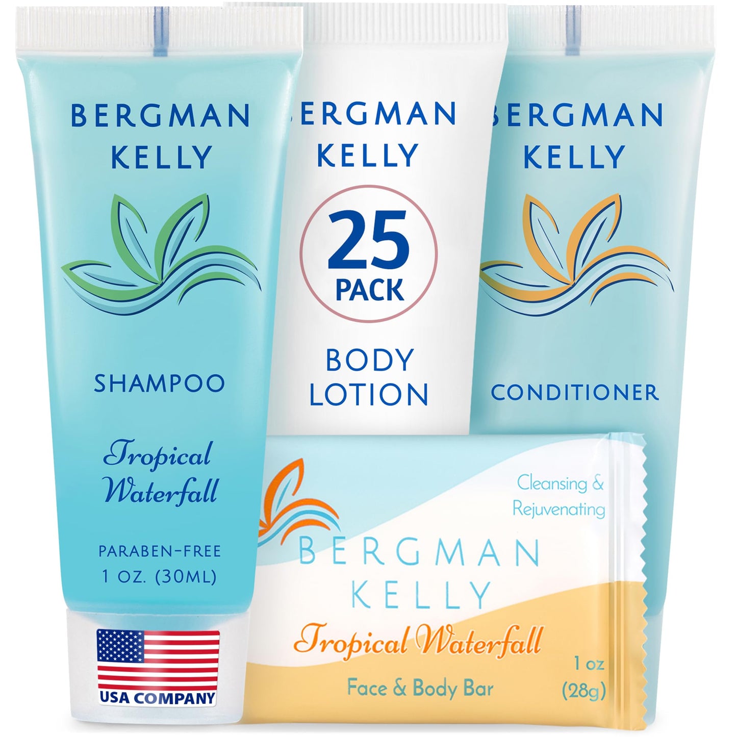 Bergman Kelly Hotel Toiletries Bundle - Tropical Waterfall, 1 oz each, 100 Pcs - 4-Piece Set: 25 Rectangular Bar Soap, 25 Shampoo, 25 Conditioner & 25 Body Lotion - Bulk Mini Guest Amenities