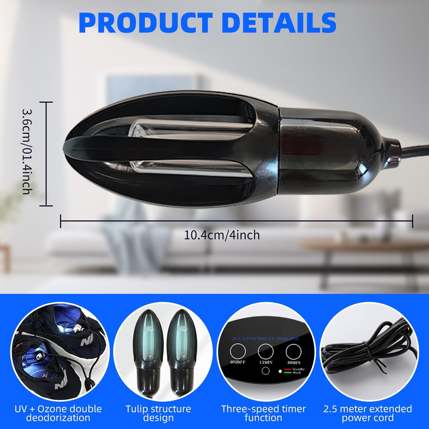10W Black Ultraviolet Shoe Deodorizer, Foot Germicidal Electric Light,Shoe Sanitizer Boot, Glove Foldable Design for Hats Shoes