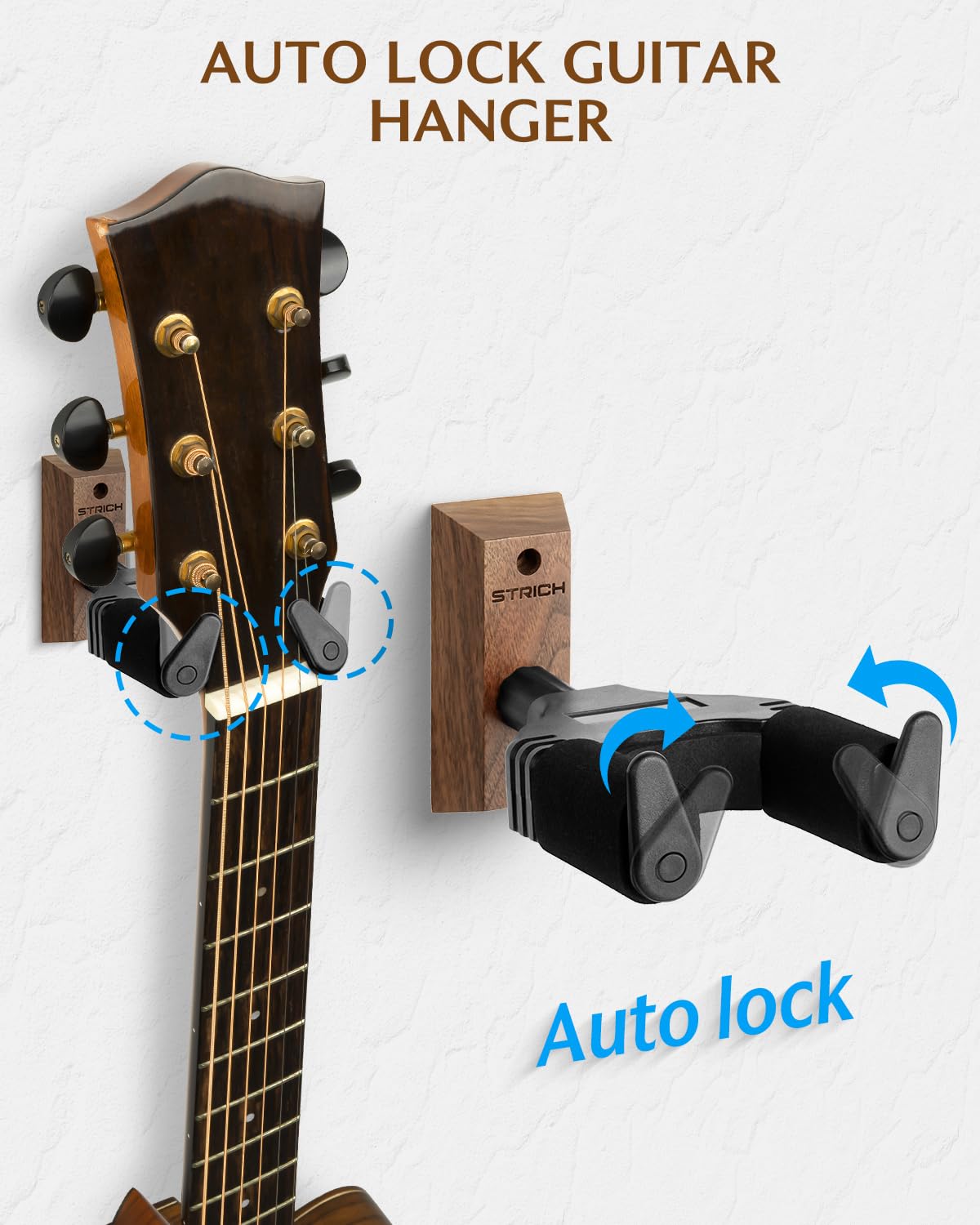 STRICH Guitar Wall Mount,Walnut,U-Shaped with Screws,Auto Lock Guitar Holder Hook for Acoustic, Electric Guitar, Banjo, Bass(3-Pack)