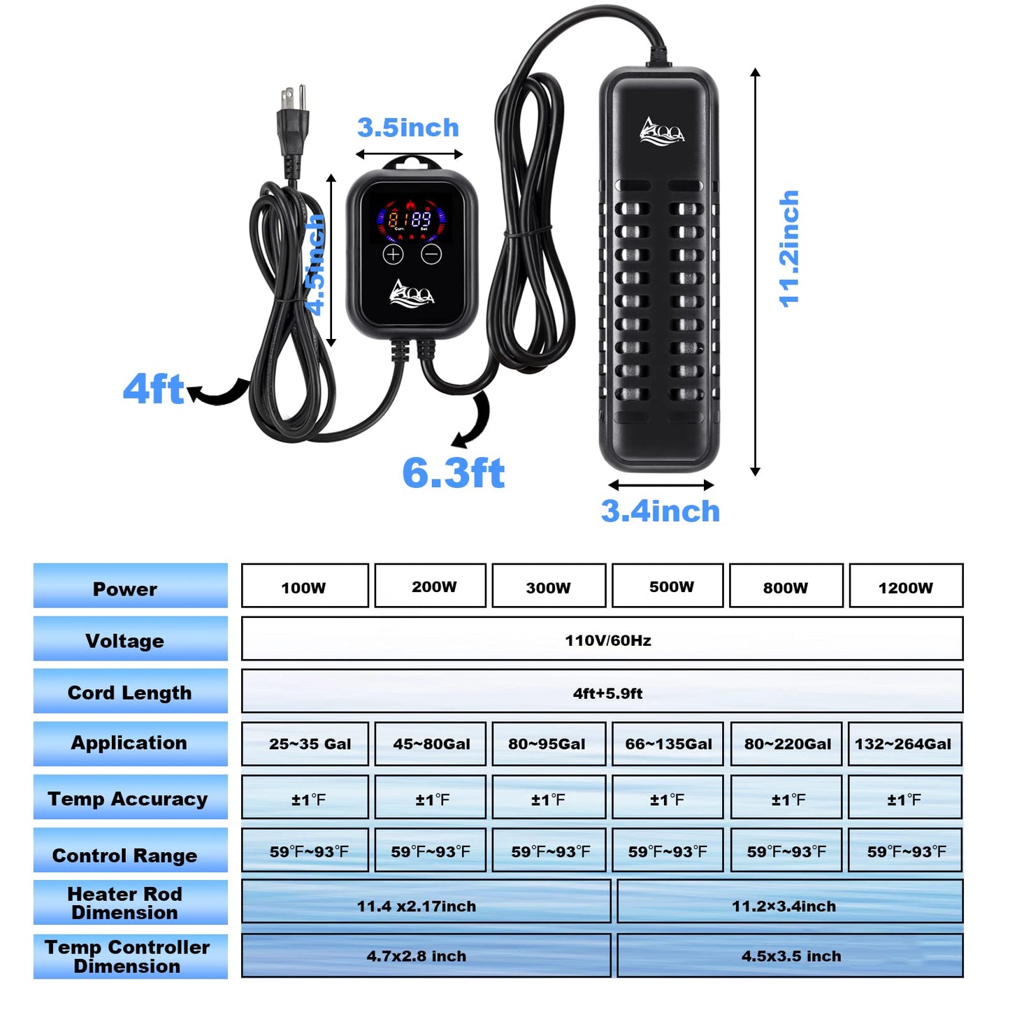 AQQA Submersible Aquarium Heater,100W/200W/300W/500W/800W/1200W Fish Tank Heater,External Temperature Controller LED Temperature Display with 2 Suction Cups Suitable for Marine Saltwater Freshwater