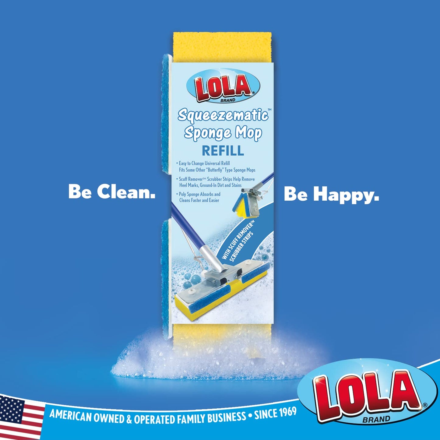 LOLA Products Squeeze Matic Easy Clean Butterfly Sponge Mop Head Refill, 9"" Wide Mop Head, Replacement Head for Floor Cleaning, Fits Most Automatic Squeeze Sponge Mops, 6 Pack, 2031-6