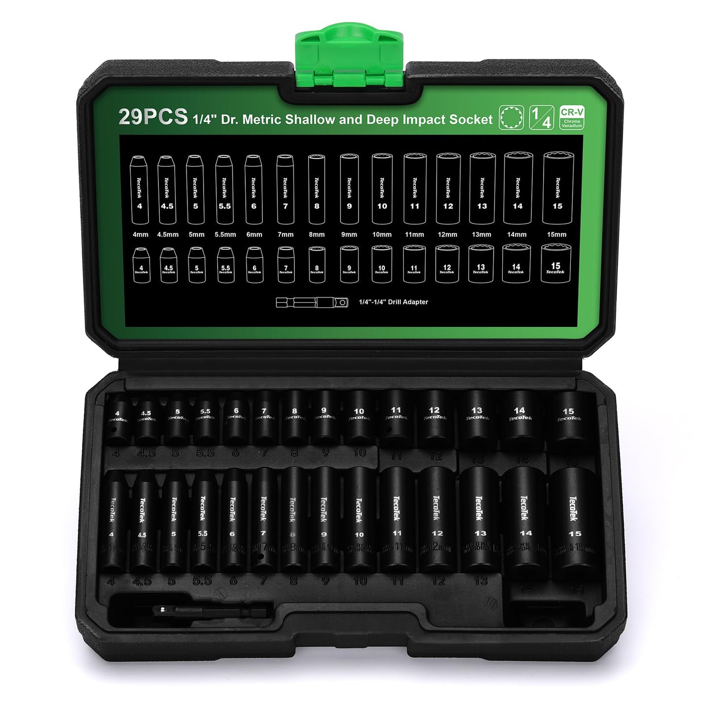 TecoTek 29 Pieces 1/4-Inch Drive Shallow and Deep 12-Point Impact Socket Set, CR-V, 4-15mm Metric, 1/4"-1/4" Drill Adapter