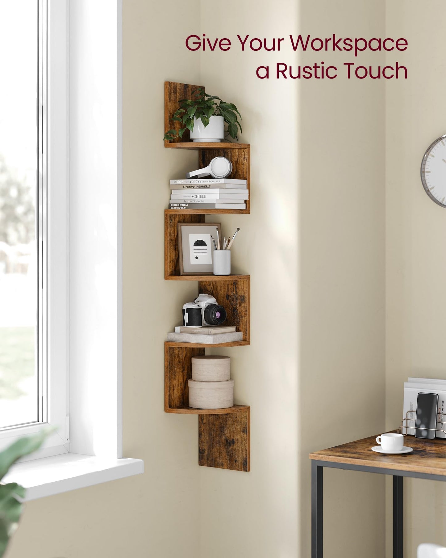 VASAGLE Corner Shelf Wall Mount, 5-Tier Floating Corner Bookshelf, Plant Shelf for Bedroom, Living Room, Bathroom, Home Office, Rustic Brown
