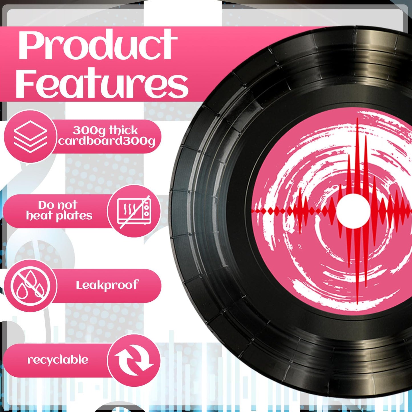 FillTouch 60 Pcs 9 Inch Paper Plates Party Decorations Plates Disposable Plates Set Tableware for Birthday Anniversary Supplies Dessert Favor (1950's Rock Record)