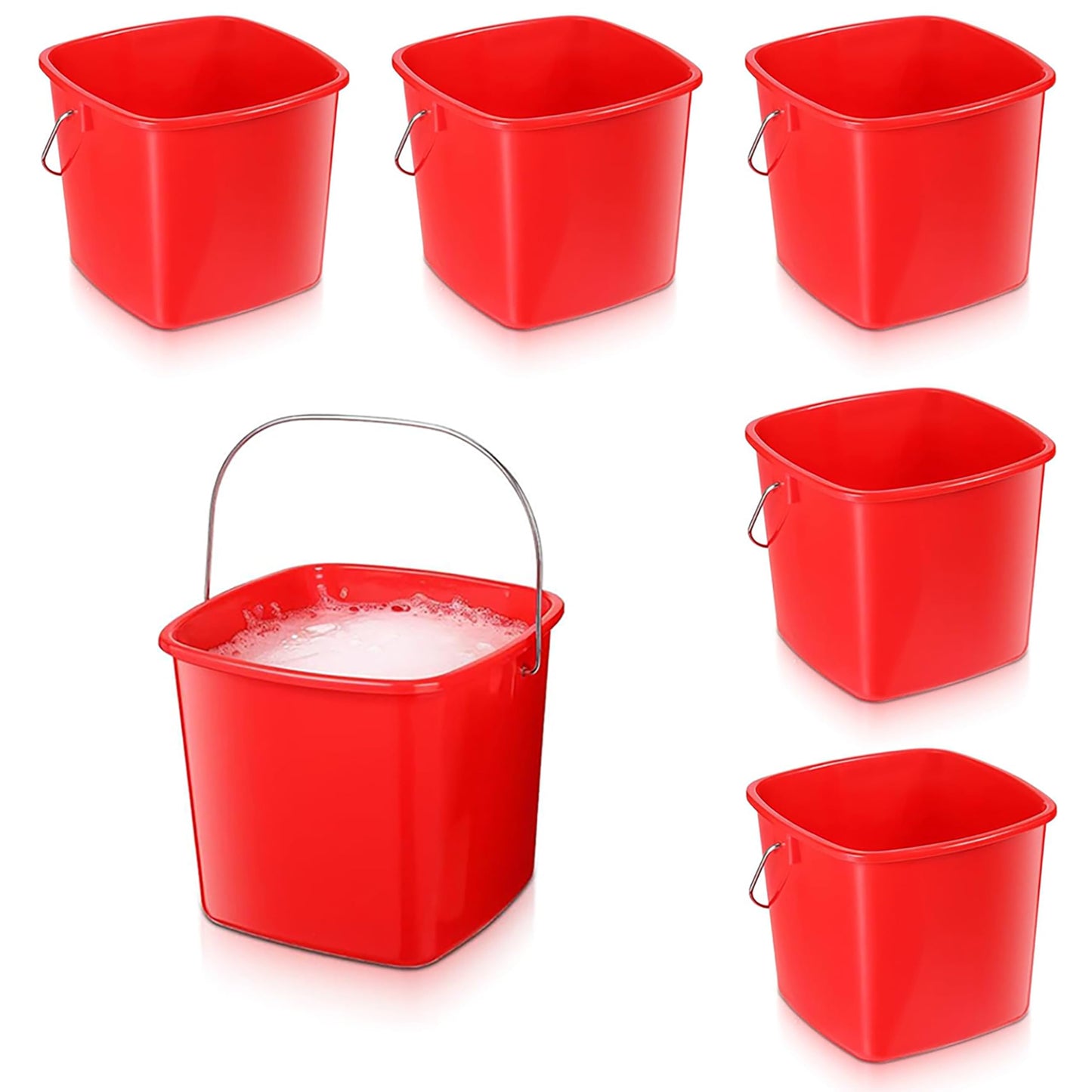 6 Pcs 3 Quart Small Square Plastic Cleaning Bucket with Handle - Red, for Home/Office/School/Commercial/Food Service Sanitizing