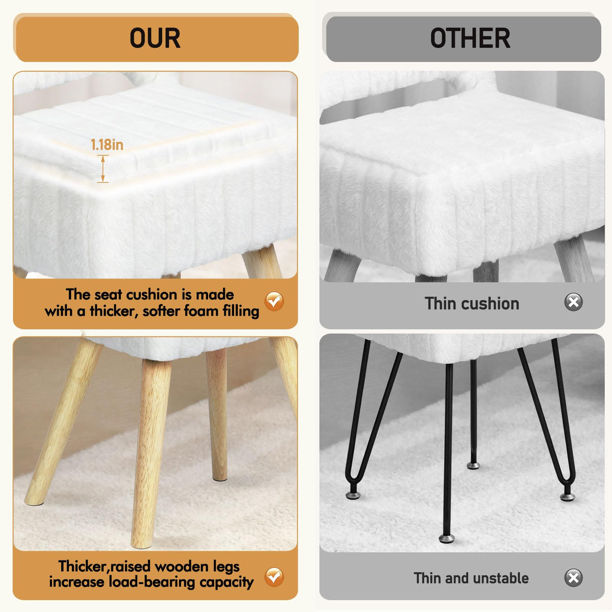 KANEODOT Vanity Stool with Folding Backrest & Storage,Faux Rabbit Fur Small Makeup Chair with 4 Solid Wood Legs,11.4" D x 14.9" W x 28.7" H,Soft Ottoman for Living Room,Bedroom,Closet,White