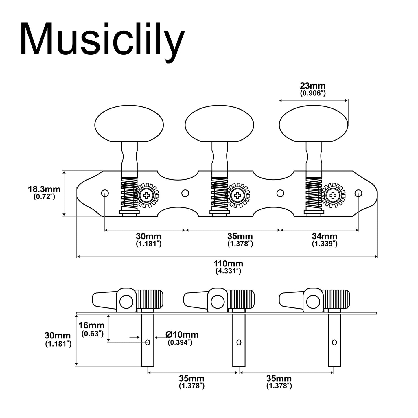 Musiclily Pro 3X3 Baker Style Classical Guitar Tuners Tuning Keys Machine Heads Set, Antique Brass