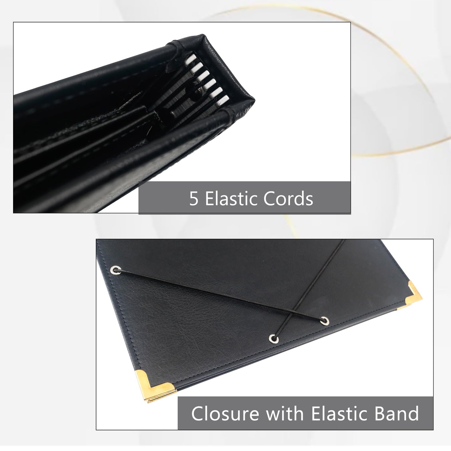 IvyRobes PU Leather Music Folder, 12.5" x 10" Choir Folder with Elastic String & Hand Strap,10 Pockets Fits 8.5" x 11", A4, 9" x 12" Sheets for Piano,Choral & Music Performance Black