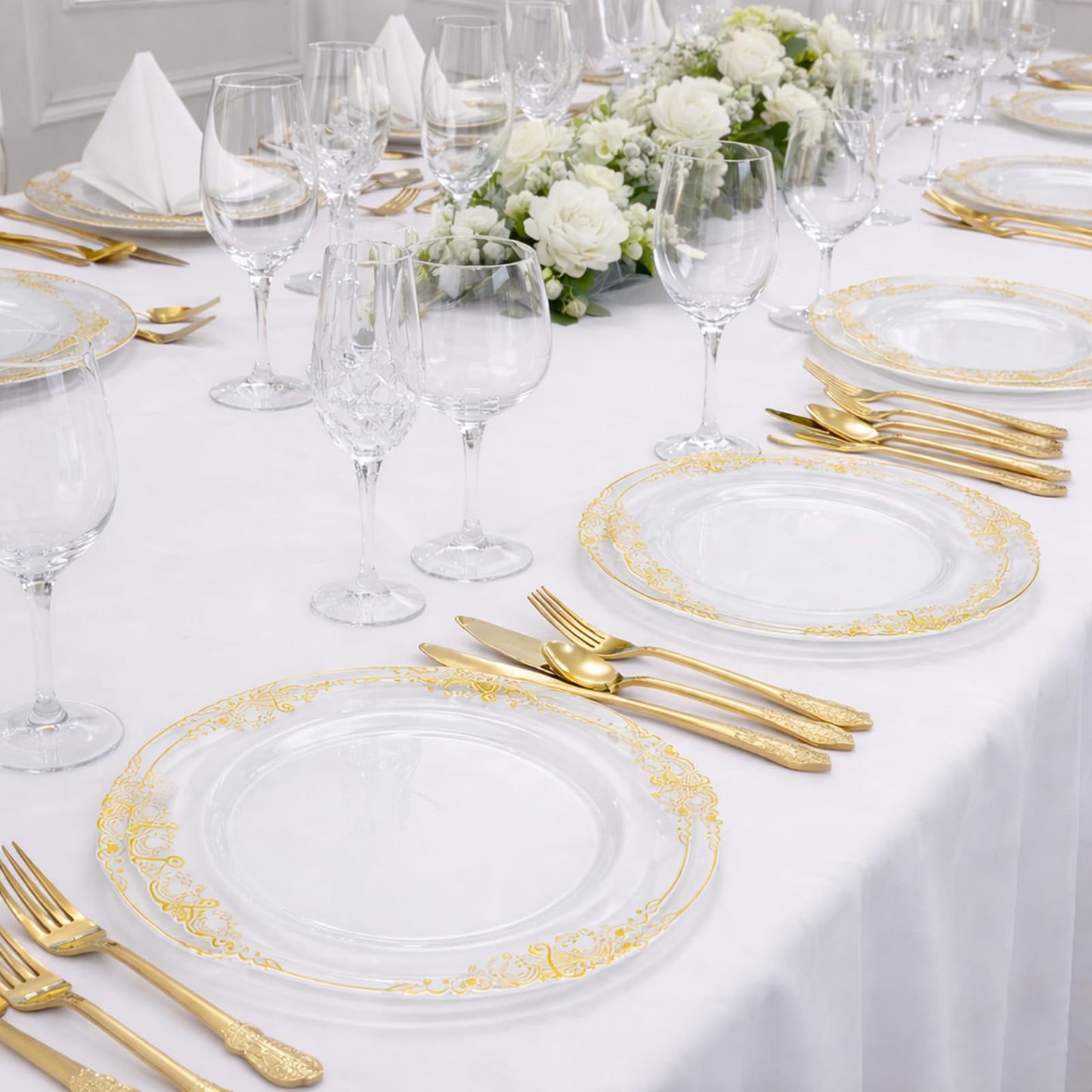 51 Set Clear Plastic Plates with Gold Rim, 10 Inch Dinner Plates and 7.5 Inch Dessert Plates for Wedding, Christmas, Shower, Gathering