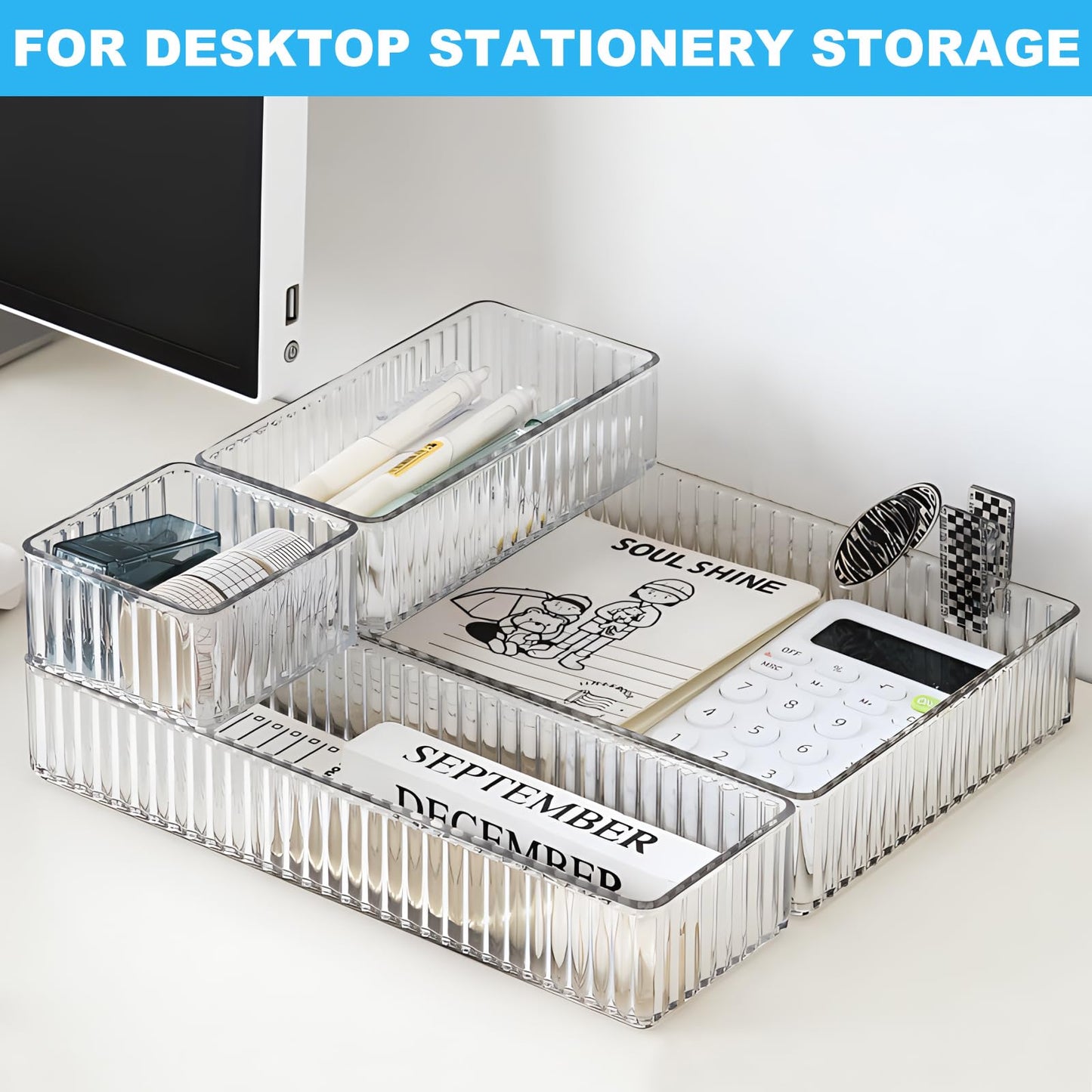 14 Pieces Clear Drawer Organizer Set, Stackable Drawer Storage Bins with Non-Slip Base, 4 Sizes up to 9.92"x6.23", Plastic Containers for Makeup, Kitchen, Office (14 Pack)