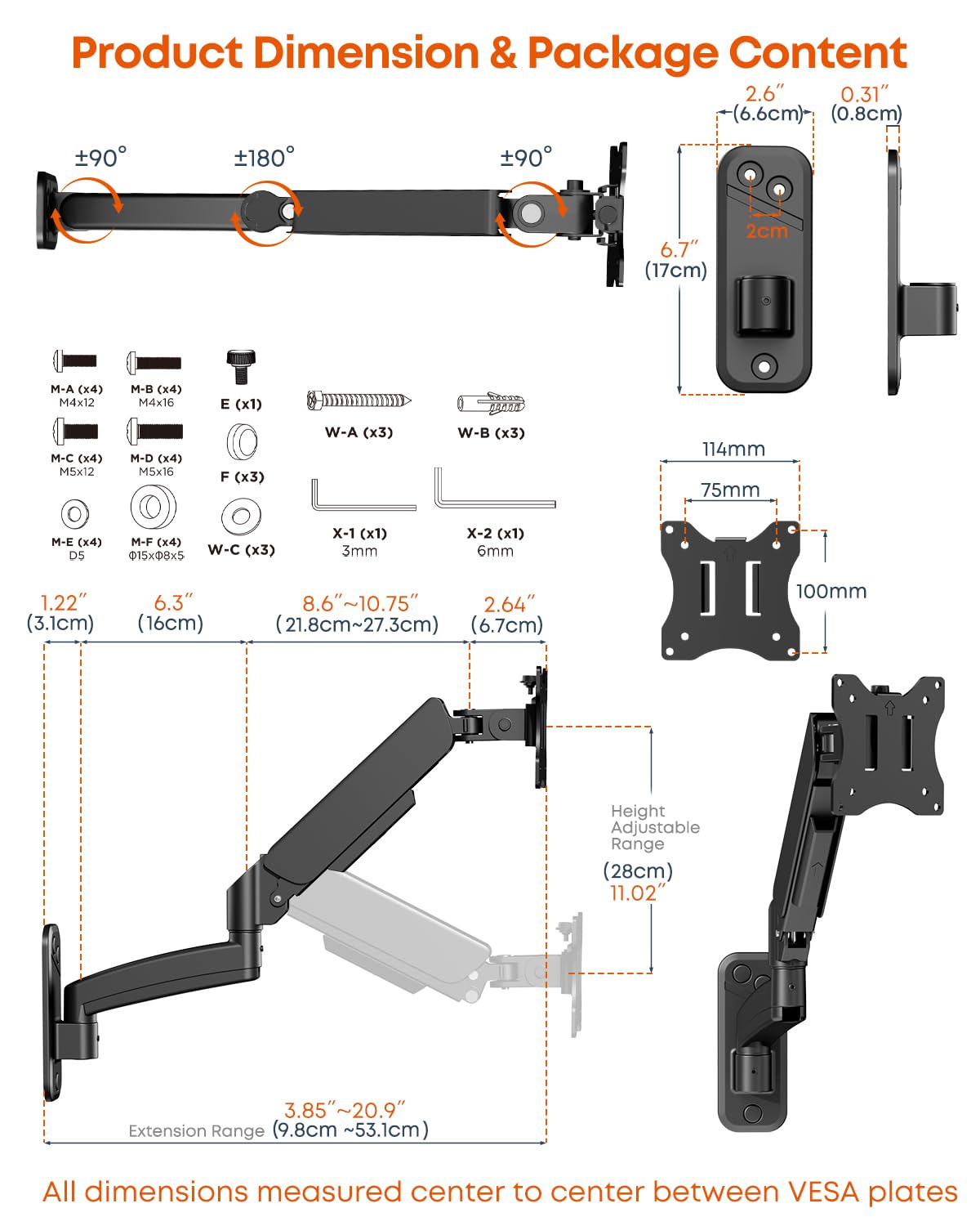 Single Monitor Wall Mount Bracket - Full Motion Gas Spring Arm for 13-32" Screens, Holds Up to 19.8 lbs (9 kg), Height Adjustable Wall Mount Monitor Arm, Tilt, Swivel, Rotation, VESA 75/100mm, Black
