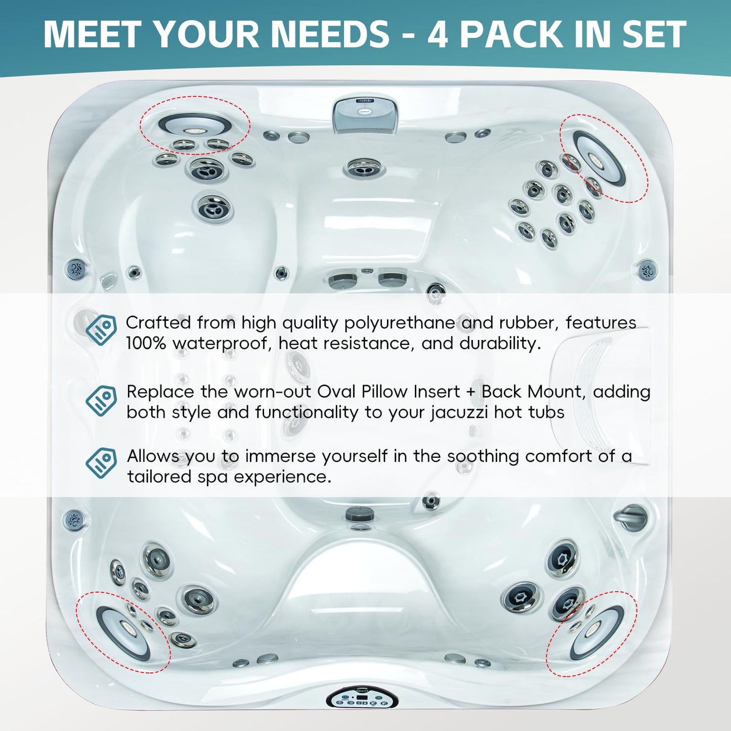 4 Pack 2472-826 Spa Oval Pillow Insert and Back Mount Fit for 2007-2013 Jacuzzi J-300 Series Hot Tubs & Spas, Hot Tub Headrest Replacement for Jacuzzi Hot Tub Pillows