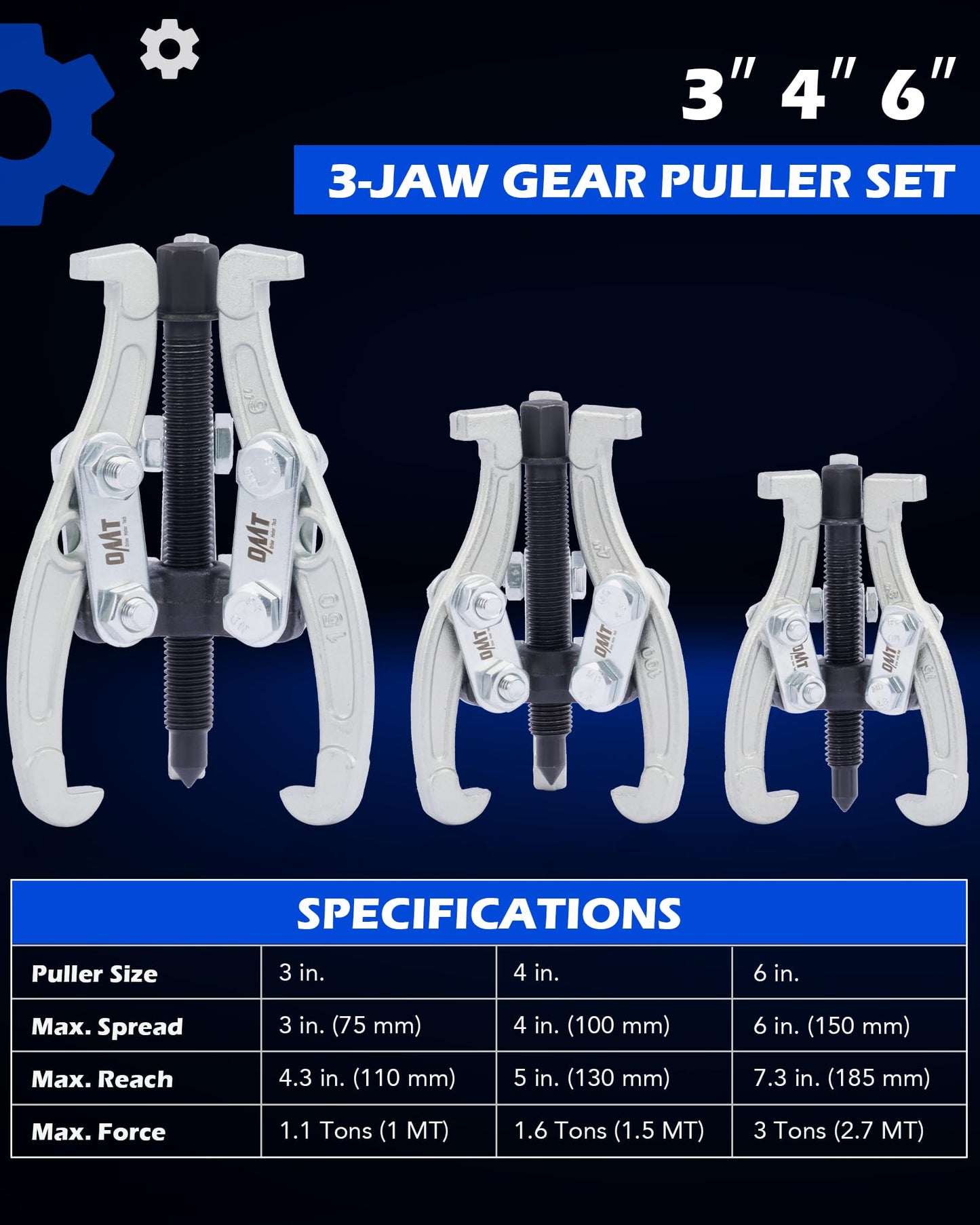 Orion Motor Tech Gear Puller Set, 3" 4" 6" 3 Jaw Puller Kit for Pulley Gear Bearing Flywheel Removal, Heavy Duty Pulley Puller with Reversible Jaws Bearing Puller Tool Kit, Silver, 3 pcs