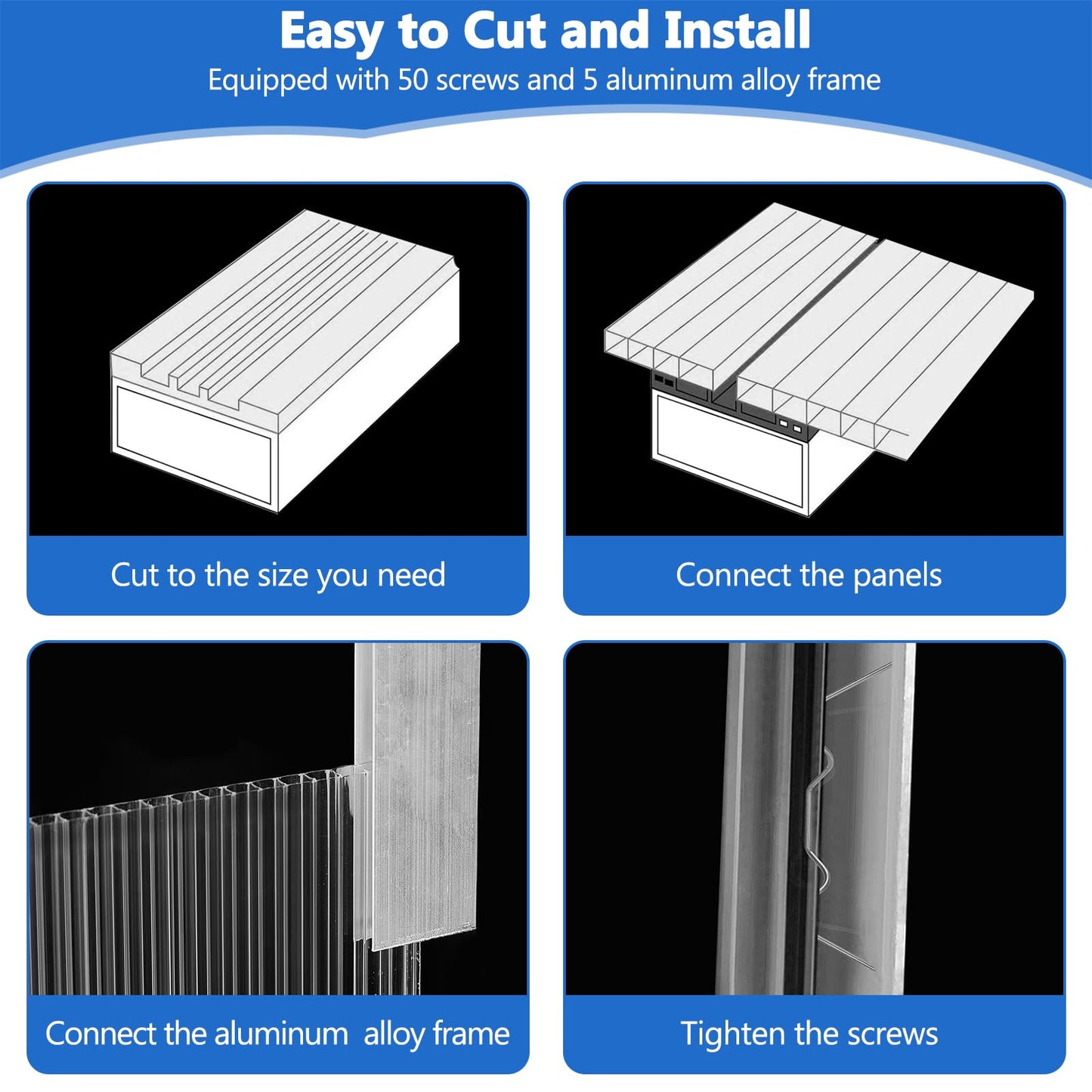 6pack Polycarbonate Greenhouse Panels, 4' x 2' x 0.24" Thickness Twin Wall Polycarbonate Sheets with 5Pcs Aluminum Connecting Strips & 50Pcs W Clips, UV Protected Clear Plastic Roof Panels
