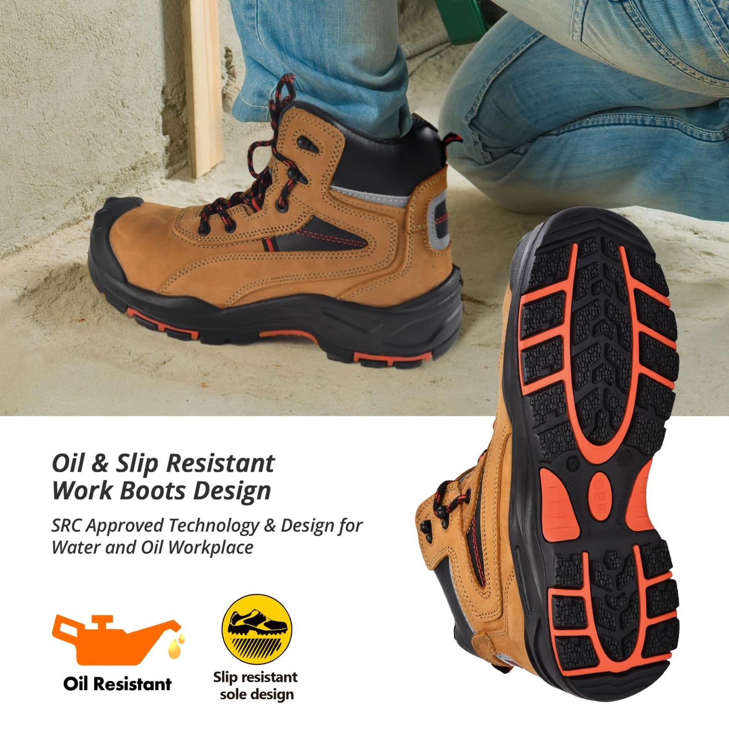 SAFETOE Safety Boots for Men Composite Toe Work Boots Lightweight Cow Leather Puncture Proof Slip On Work Boots Wide Fit(Size 13)