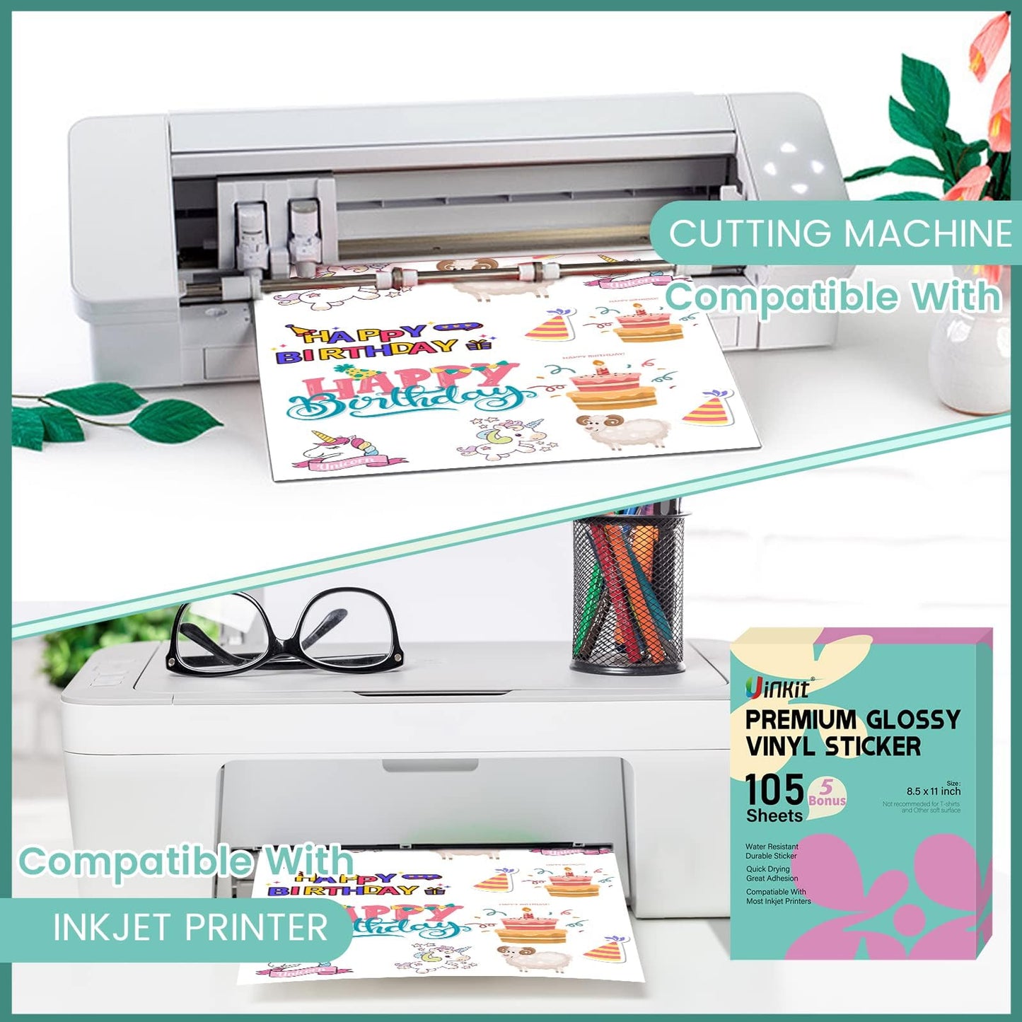 Uinkit 105 Sheets Premium Printable Vinyl Sticker Paper for Inkjet Printer Cricut,included 100Sheets Glossy and 5Sheets Clear Label DIY projects,Dries Quickly,Tear-Resistant,Waterproof,Removable