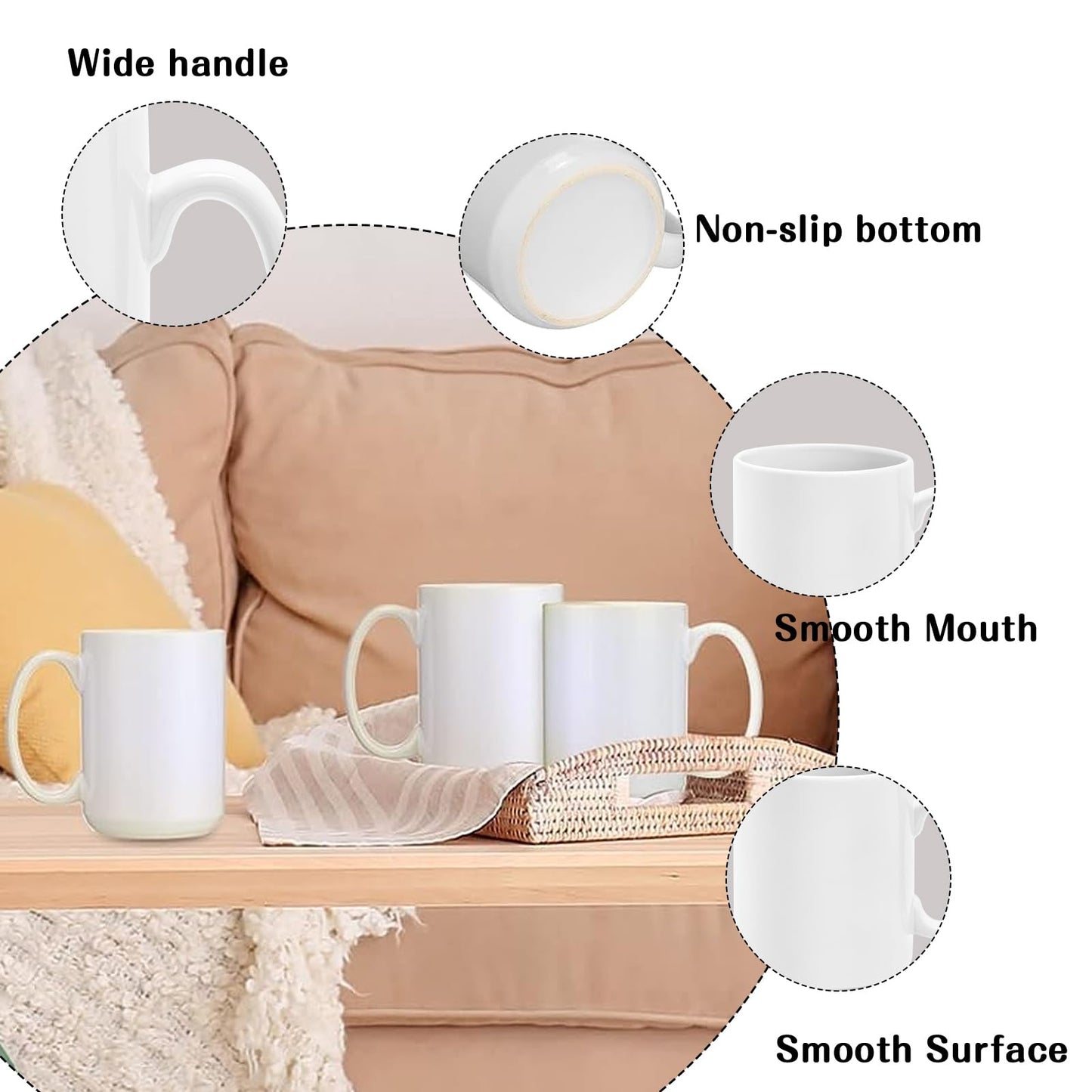 Sublimation Mugs 15 oz Set of 12 Bulk White Ceramic Coffee Mug Tazas para Sublimacion Sublimation Ceramic-Coated Cups Sublimation Blank Mugs for Milk Latte Hot Cocoa and DIY Gifts (15.0 Fluid Ounces)