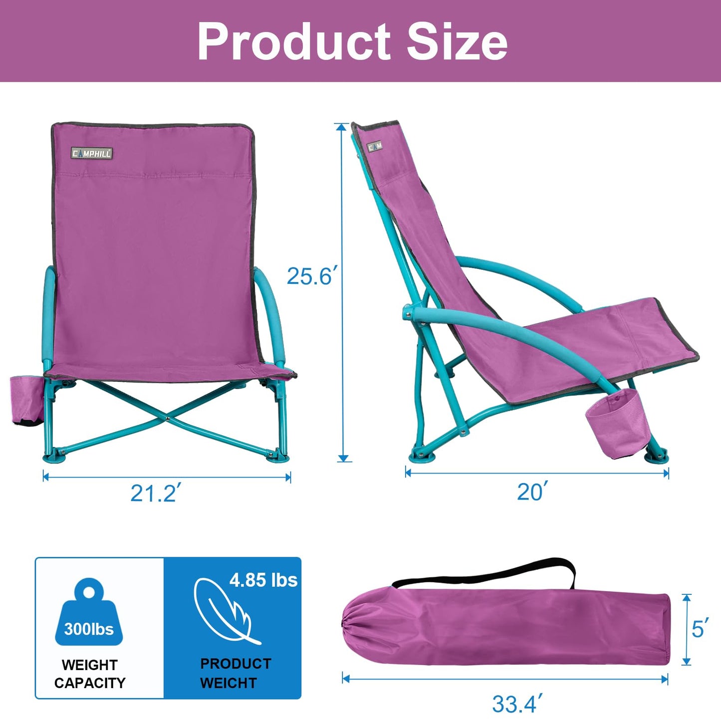 Northroad Low Folding Beach Chair,Portable Lightweight Lowback Sling Chair, Outdoor Low Seat Camping Chair w/Cup Holder & Carry Bag for Sand Camping Lawn Picnic Festival, Purple