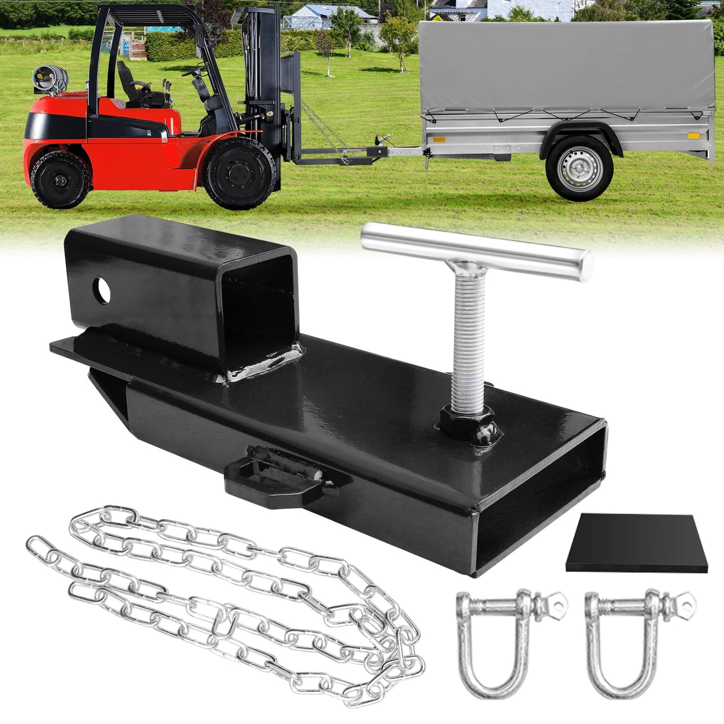 BESTZHEYU Forklift Trailer Hitch Attachment, EBESTTECH 1PC 2'' Receiver Trailer Towing Adapter with Chain Black