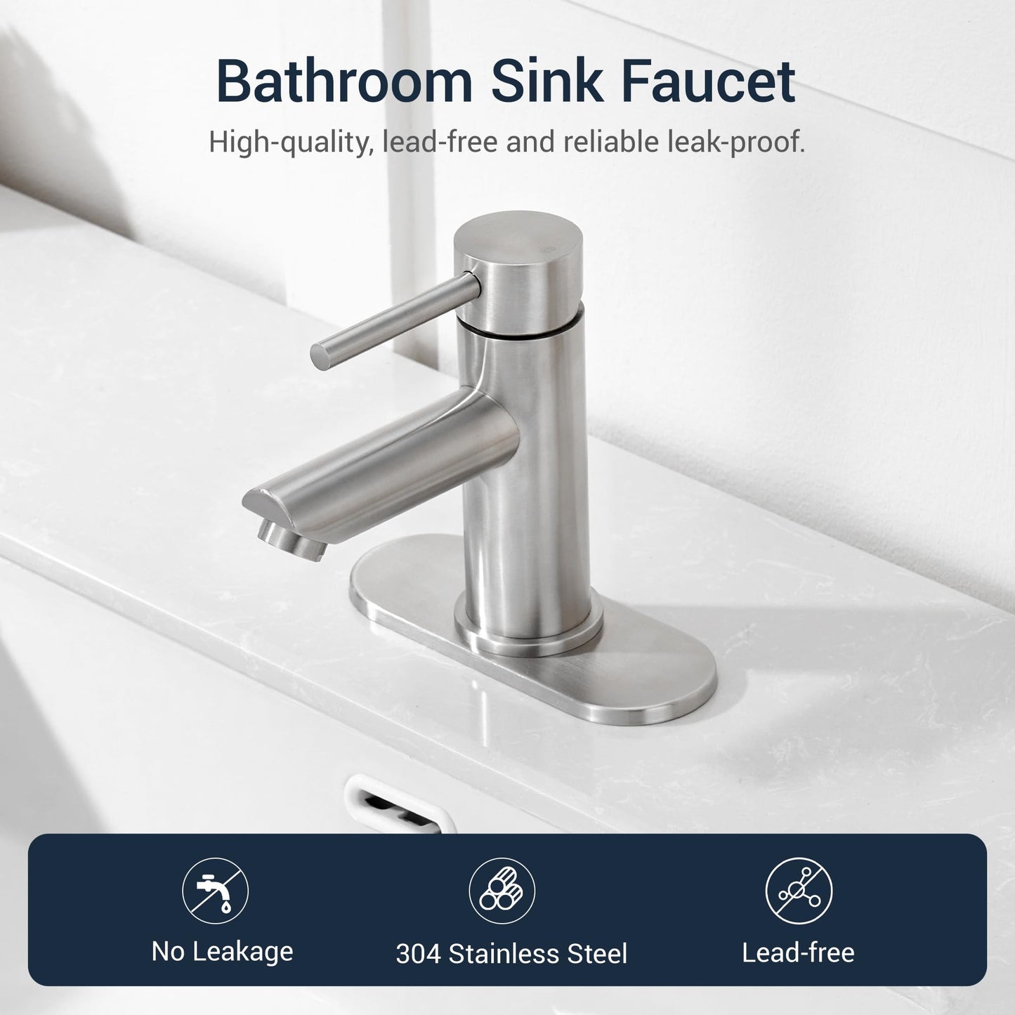 KPW Bathroom Faucets Lavatory Faucet Single Handle Brushed Nickel Stainless Steel Faucet Deck Mount 1 or 3 Hole with Deck and Pop-up Drain Water Supply Hoses