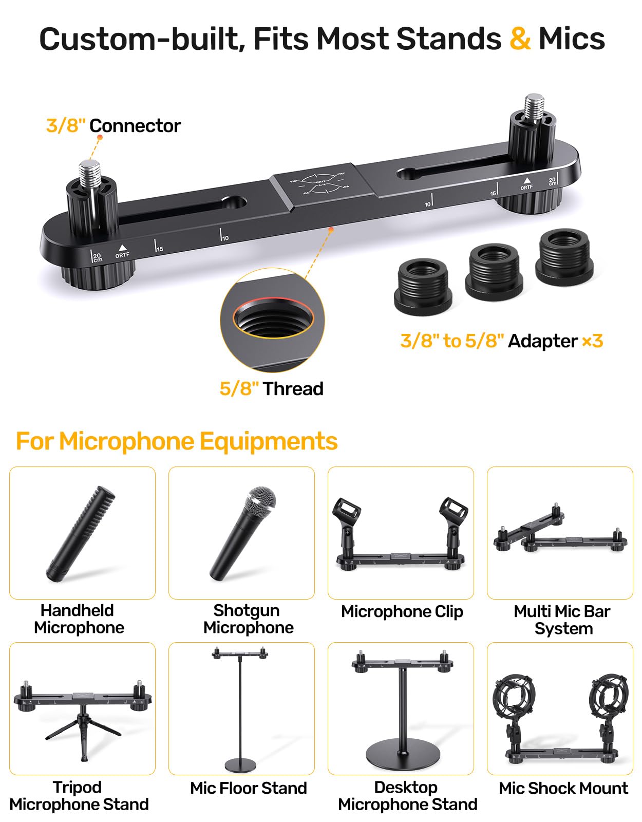 Stereo Mic Bar, Adjustable Dual Microphone Mount Bar,Universal Double Mic Holder for Stand,Precision Stereo Spacing Mic Bar for Podcast,Live Streaming,Studio Recording,Fit 3/8"&5/8" Threaded Mic Stand