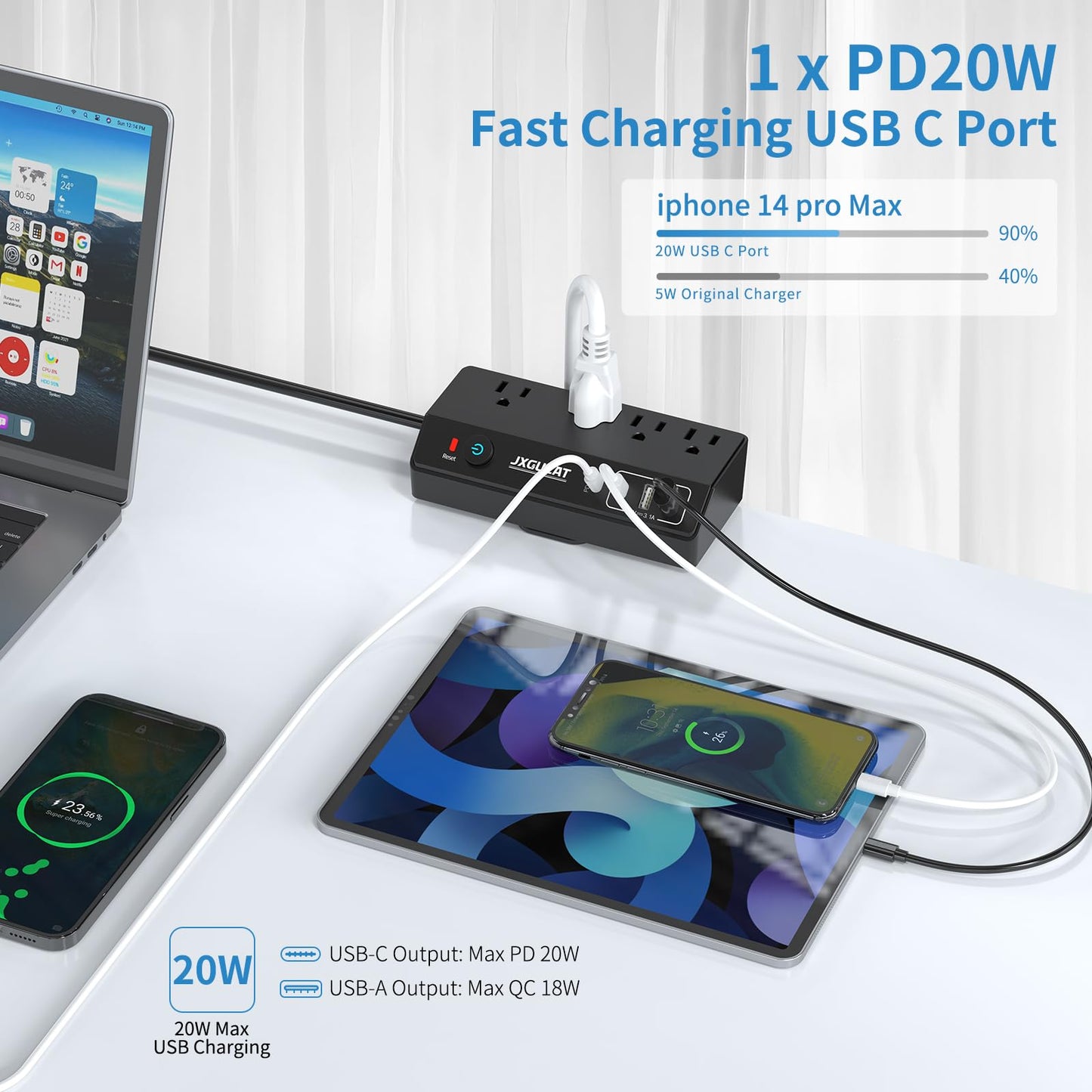 Desk Clamp Power Bar 10Ft with PD 20W USB C, JXGUCAT Black Removable Fast Charging Power Bars with Surge Protector, Extension Cord Power Bar with 4 Outlets 4 USB Ports, Fit 1.8" Tabletop Edge