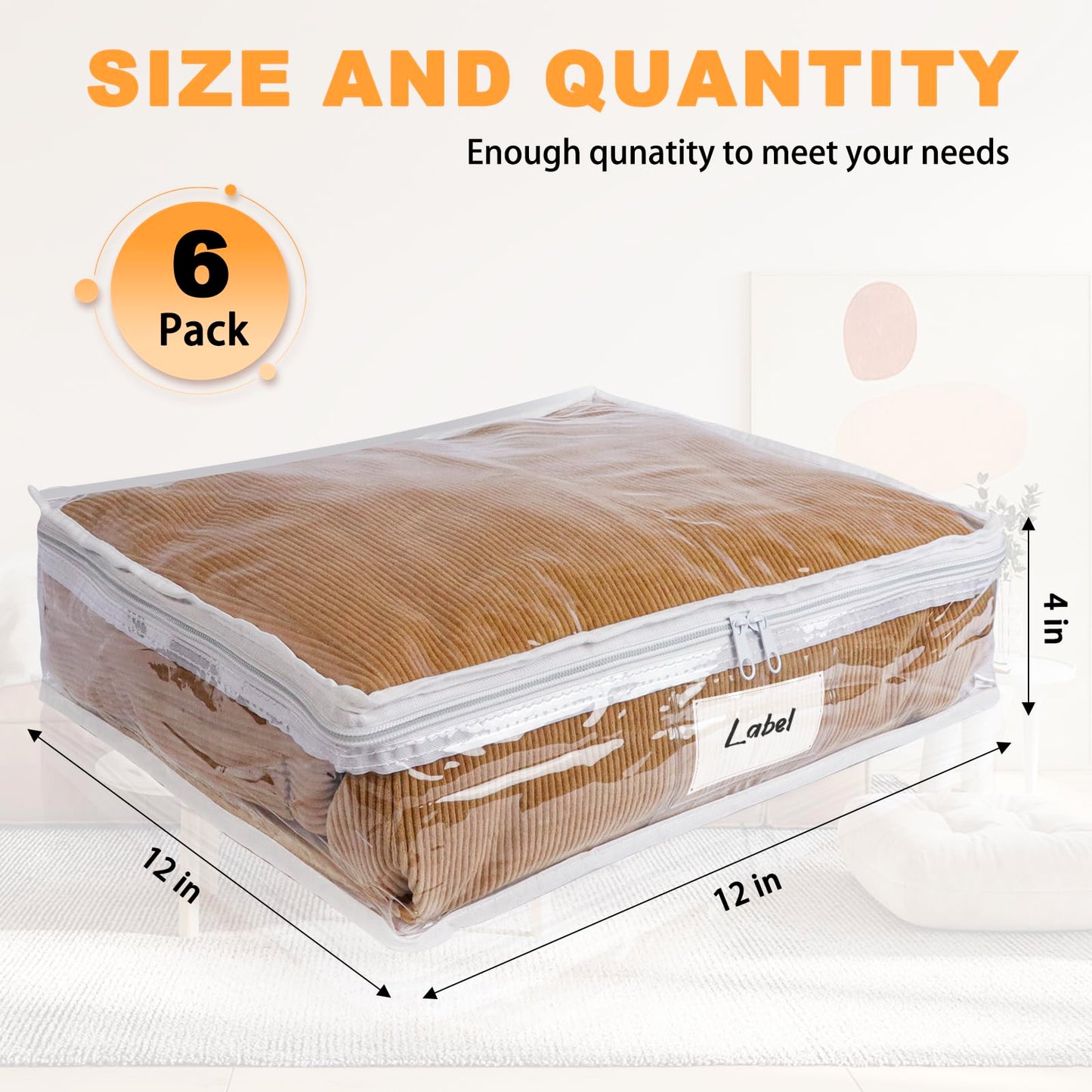 Heonay Clear Zippered Storage Bags Plastic Sweater Storage Bags with Zipper 6 Packs Clothing Organizer for Blankets Linen Sweater Bed Sheet Quilt Clothes Pillow (12 x 12 x 4 Inch)