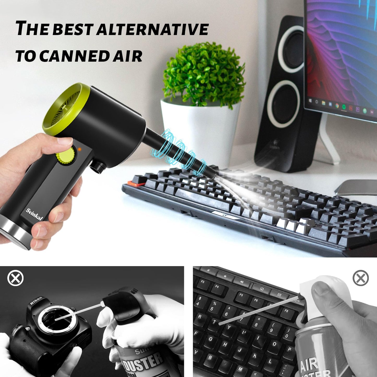 Svinkal Compressed air Duster Electric, Computer air Blower Gun, air Blower for Computer Keyboard, Cordless air Duster, for Cleaning Camera Toys Greenery Computer Keyboard, etc（Brushless Motor）