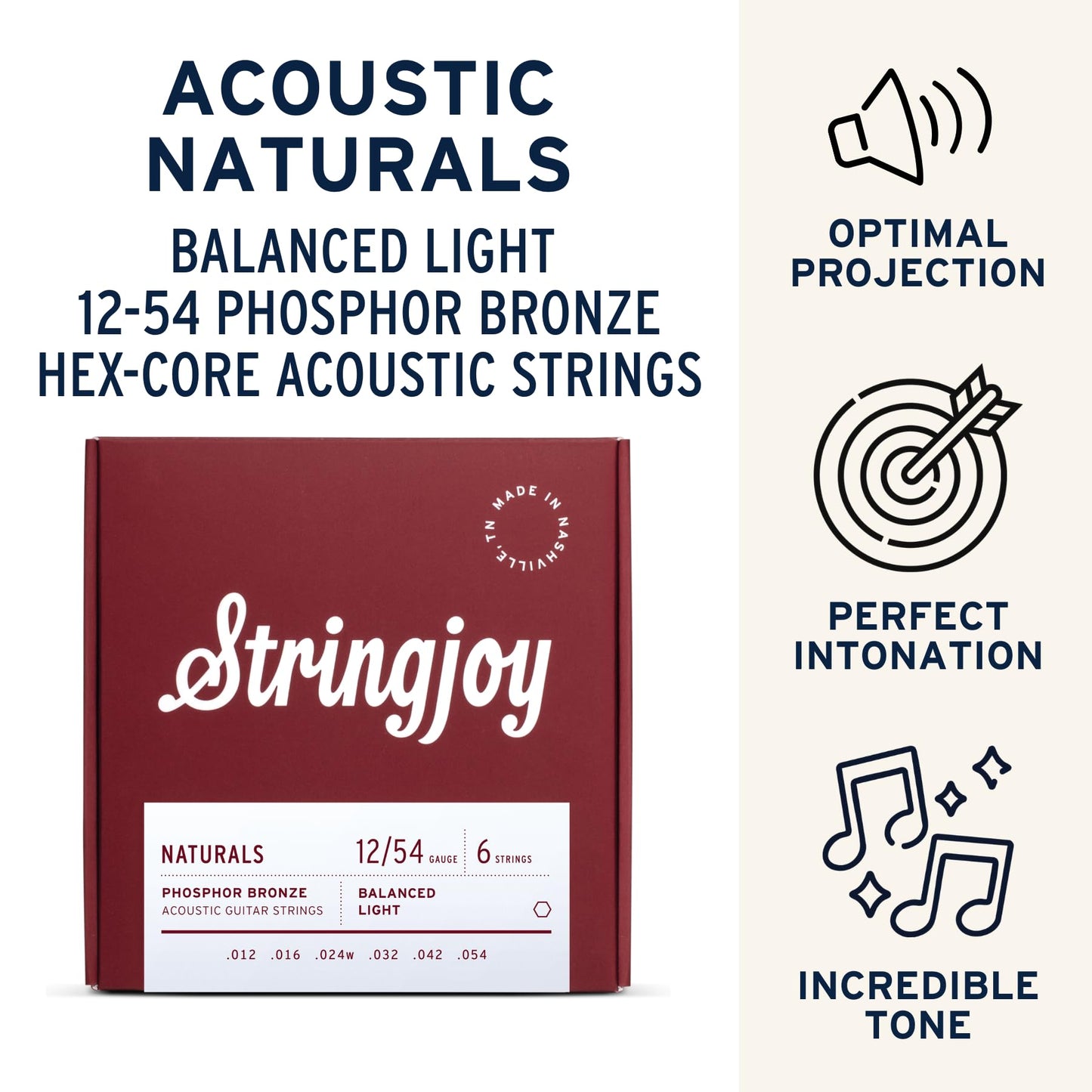 Stringjoy Balanced Light Gauge Naturals Phosphor Bronze Acoustic Guitar Strings 12-54, NB1254, Long-Lasting Clear & Shimmering Tone, 6 String Set, 2-Pack