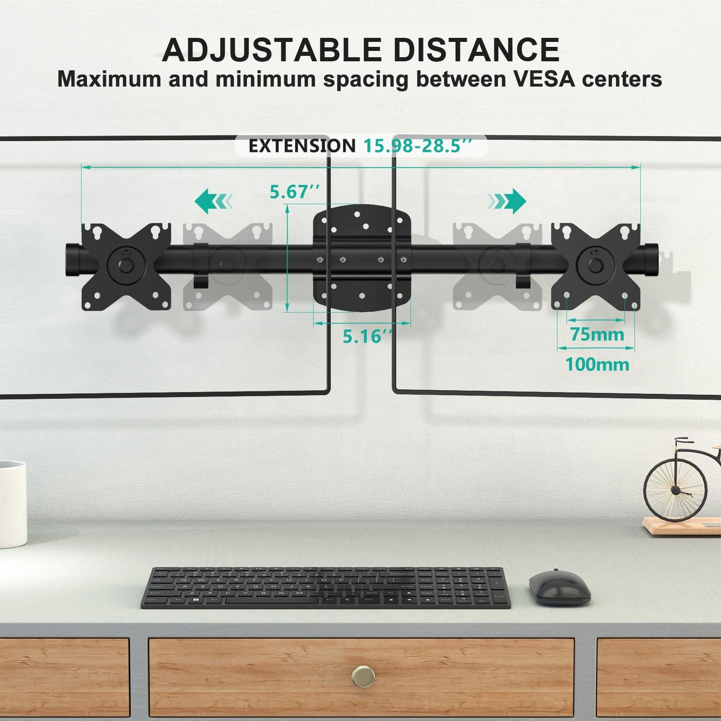 WALI Dual Monitor Arm Wall Mount up to 27 inch, Single to Double Bracket Adapter, Horizontal Assembly Monitor Arm for 2 Screens, Holds Up to 22lbs per Arm (012ARM), Black