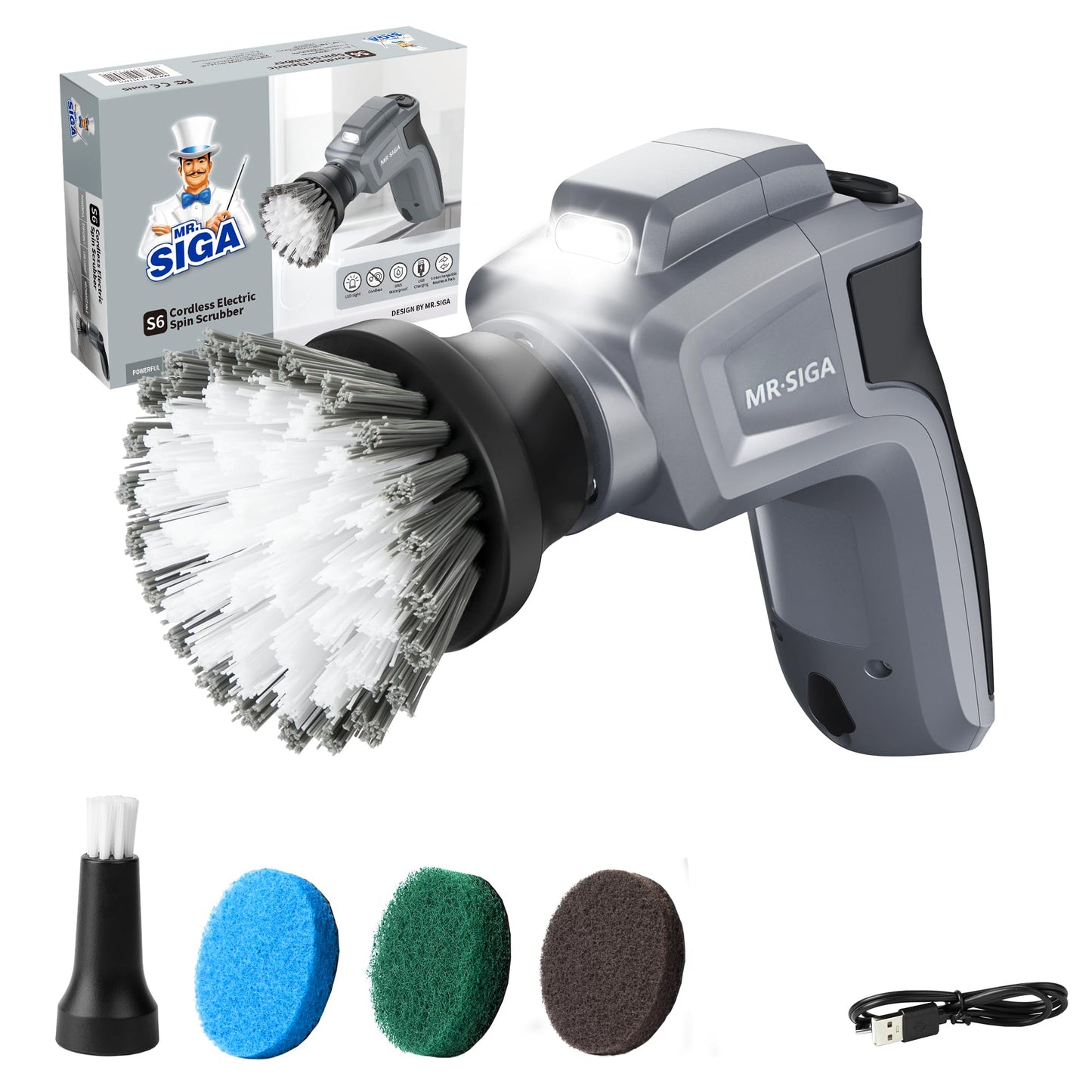 MR.SIGA Electric Spin Scrubber, Cordless Spin Scrubber with 5 Replaceable Cleaning Brushes and Pads, Powerful and Waterproof, Rechargeable Spin Scrubber for Bathroom, Kitchen, Tile, Sink