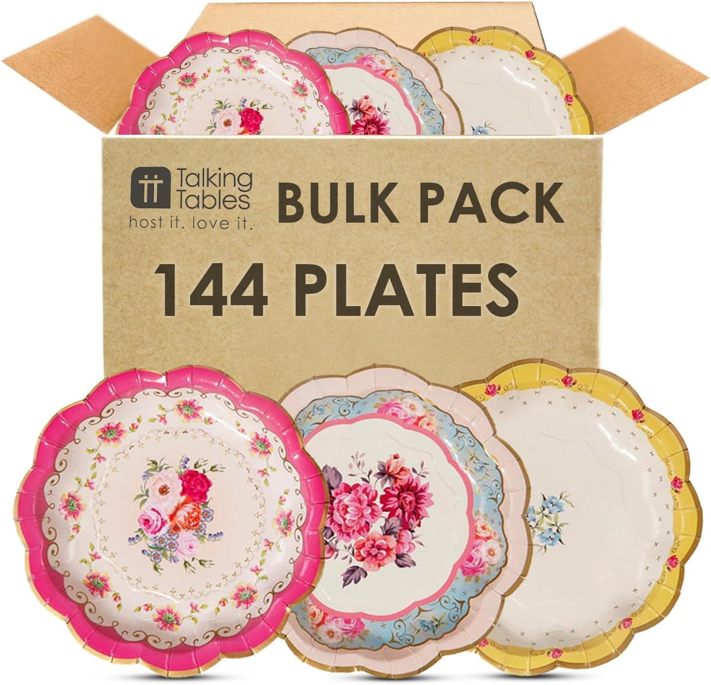 Talking Tables |144x | Vintage Floral Paper Plates Bulk Pack, Pink, Blue, Yellow, Scalloped Edge, Truly Scrumptious, Disposable Tableware, Birthday, Garden Party, Afternoon Teas, Baby Shower, Wedding