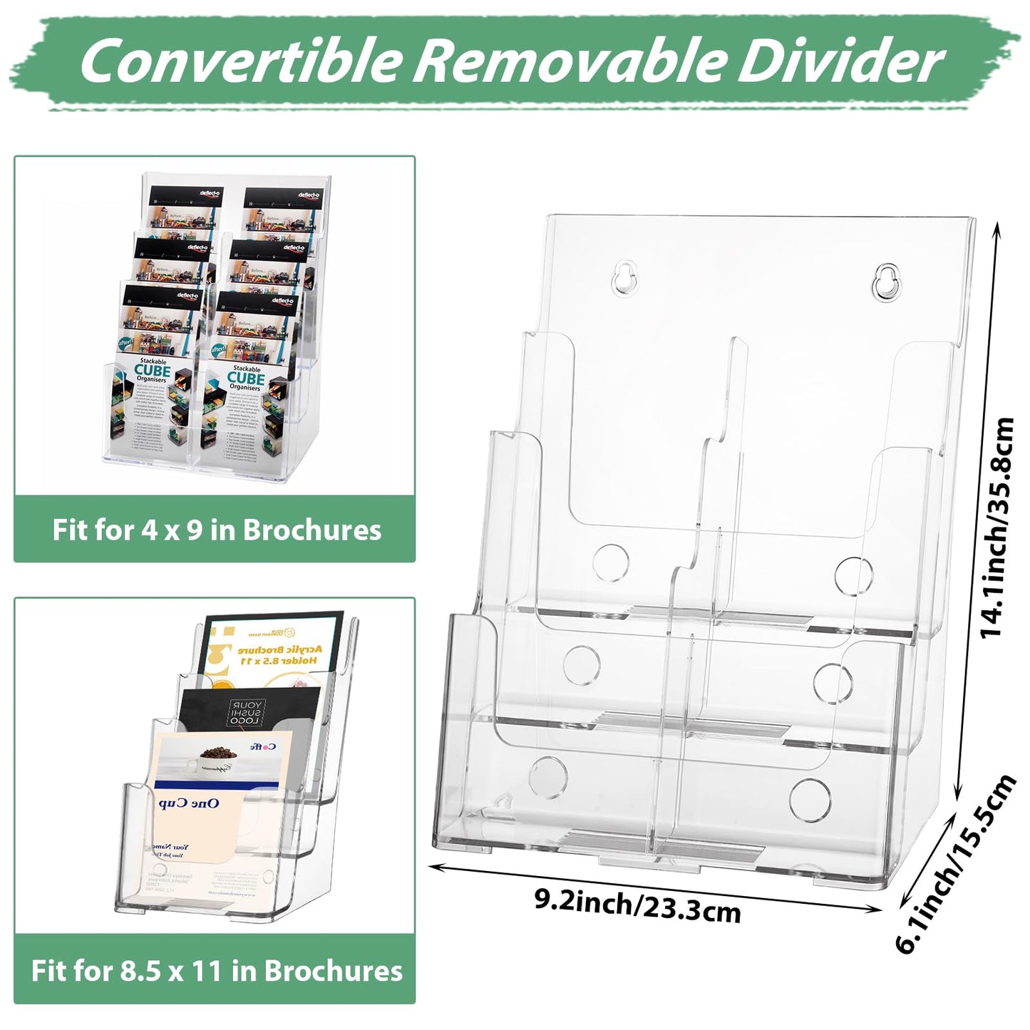 CYEAH Acrylic Brochure Holder, Clear 3 Tier Magazine Holder, Brochure Display Stand with Removable Divider, Countertop Literature Holder for 8.5x11 & 4 x9 Inches Brochure, Flyer, Pamphlet