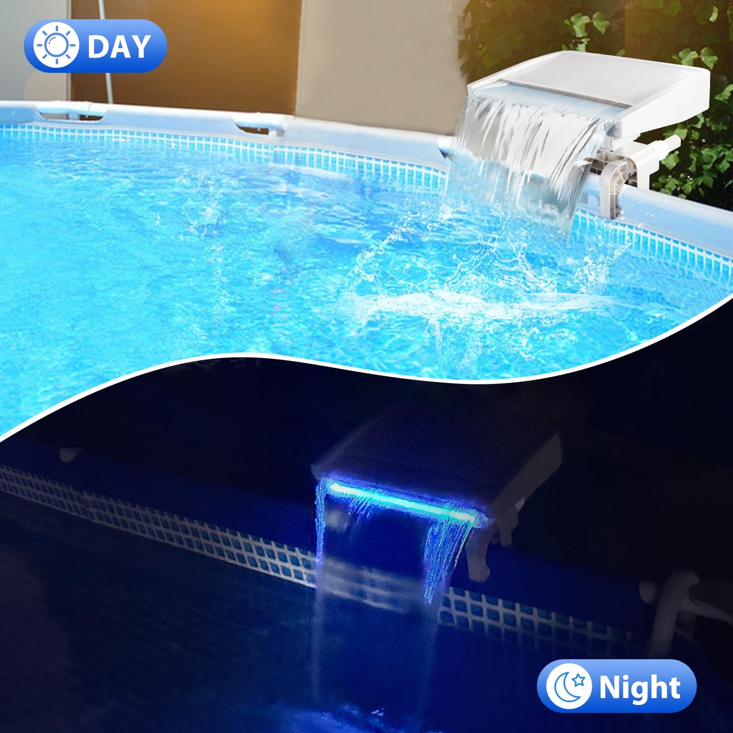 Pool Waterfall with 7-Color LED Lights, Swimming Pool Waterfall Fountain for Above Ground Pools, Smooth Flowing Waterfall with Light for Relaxation, Adjustable Width Fits 1.2" to 4.7" Frames