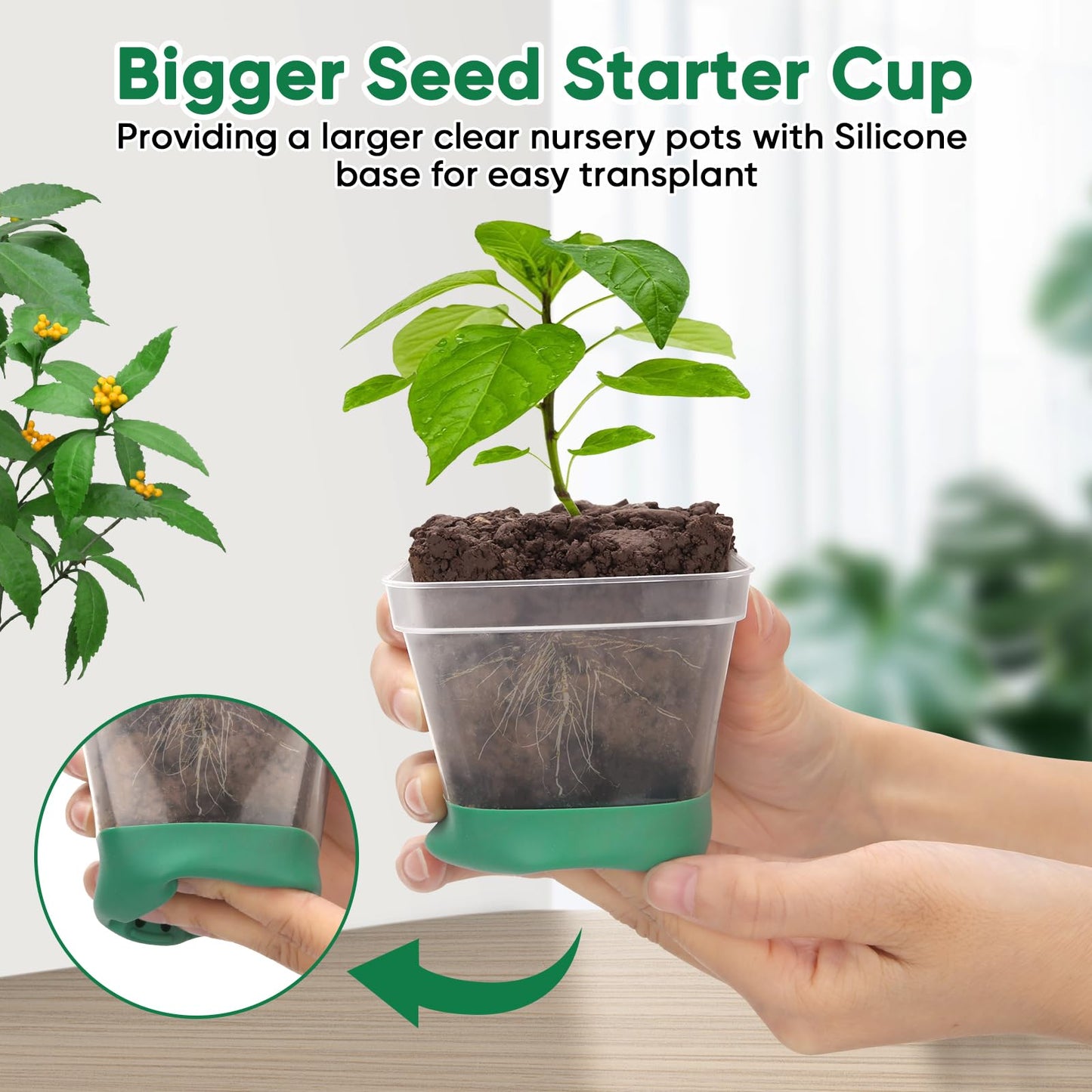 BlumWay Seed Starter Tray with Grow Light,24 Pack 2.9 inch Reuseable Clear Nursery Pots with Silicone Base/Humidity Dome for Deep-Rooted Seedlings,Adjustable Timed Light Plant Starter Set